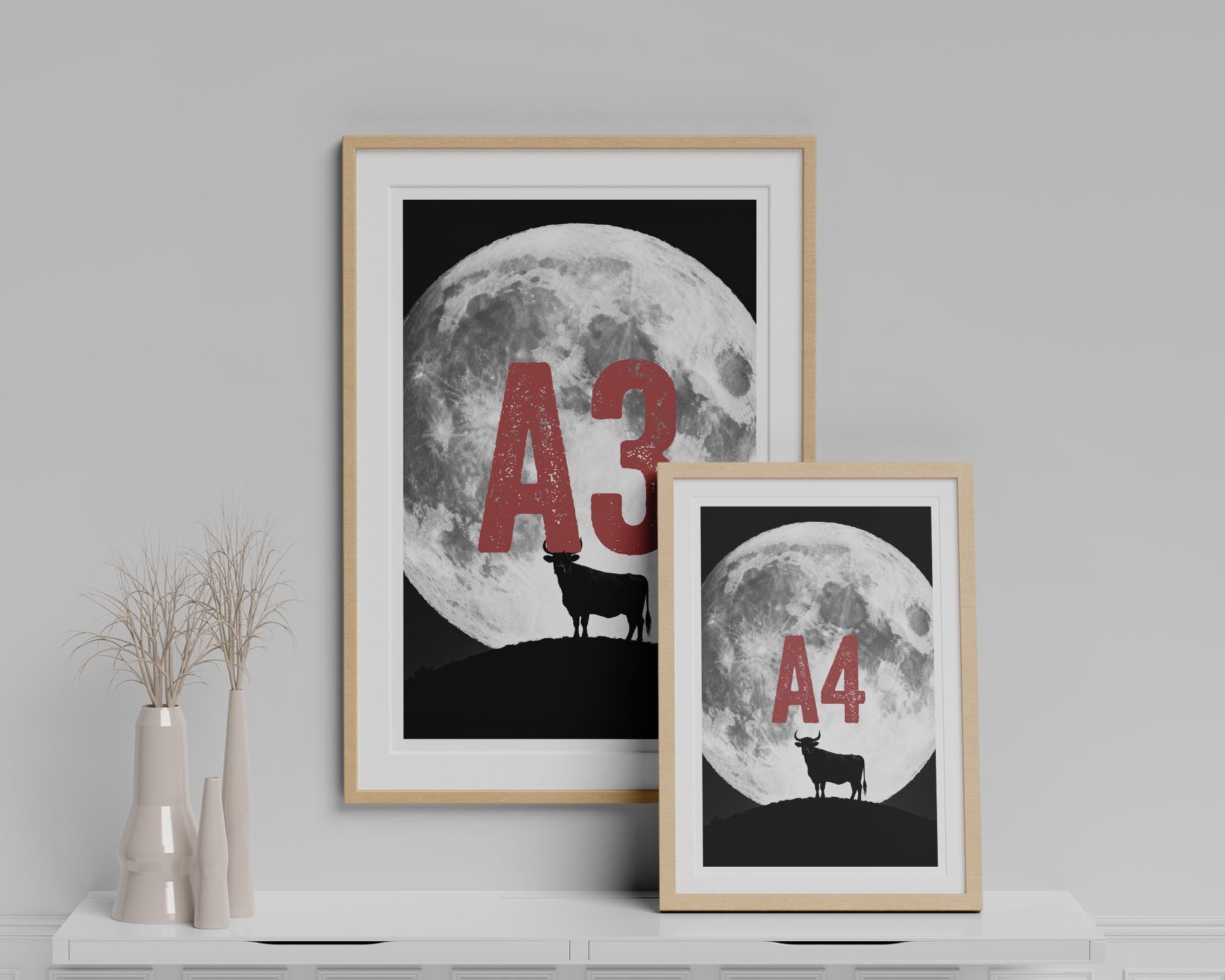 Cabin Wall Art | Highland Cow and Moon Print | Rustic Mountain Decor | Black and White Nature Poster
