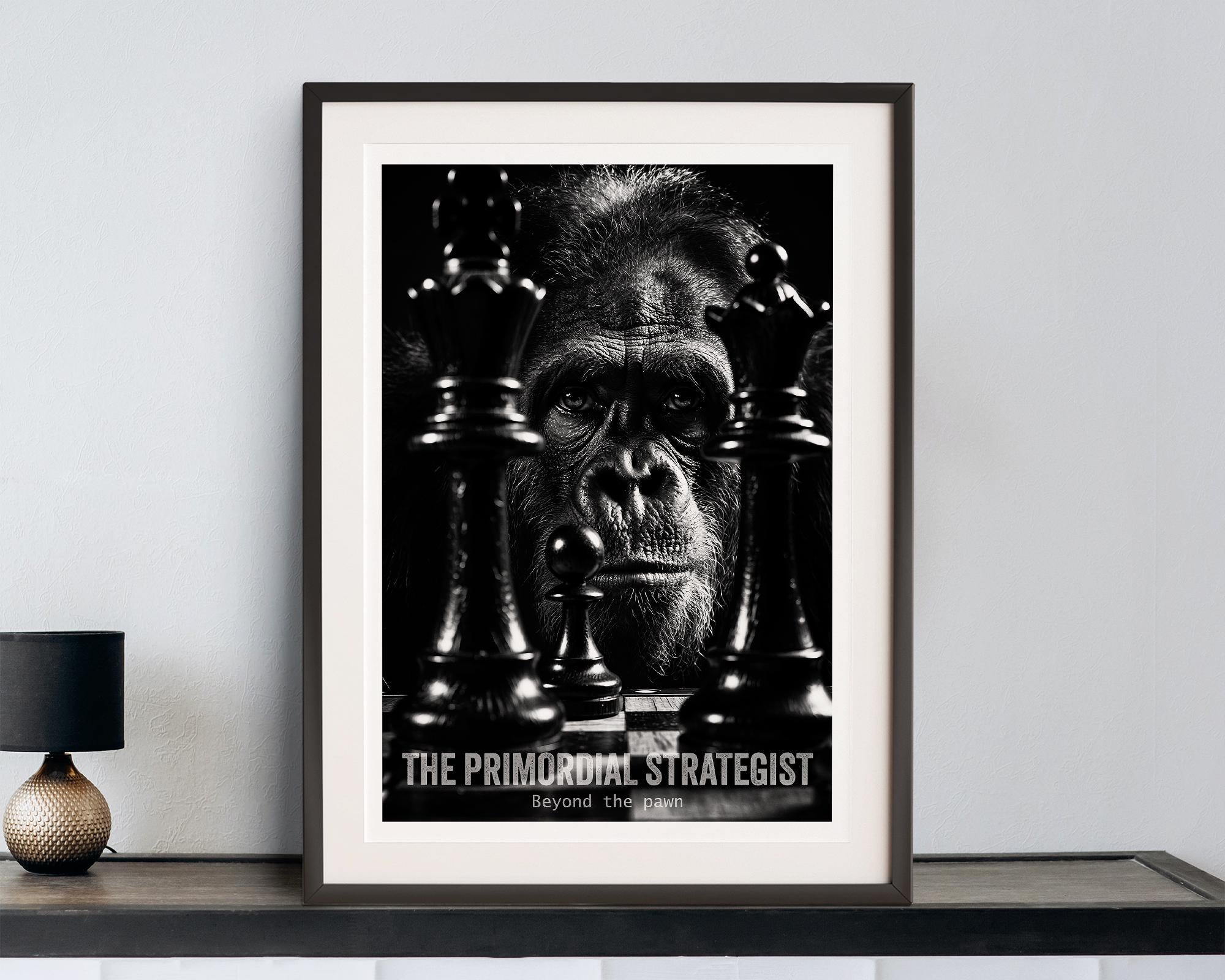Primal Strategist Art Print | Primate Chess Poster | Intense Focus Wall Art | Home Office Decor