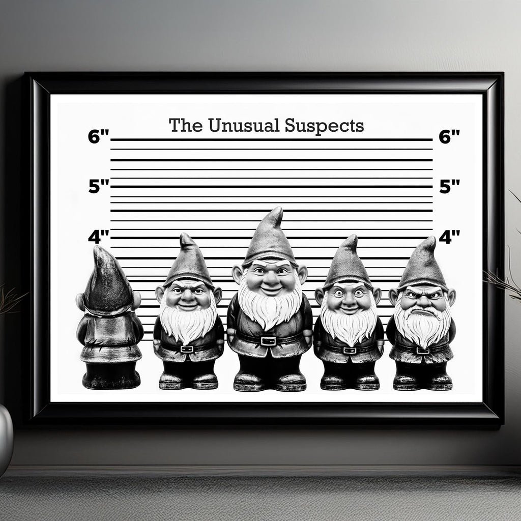 Framed artwork with five cartoon-style gnomes on a background resembling a police lineup.