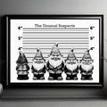 Framed artwork with five cartoon-style gnomes on a background resembling a police lineup.