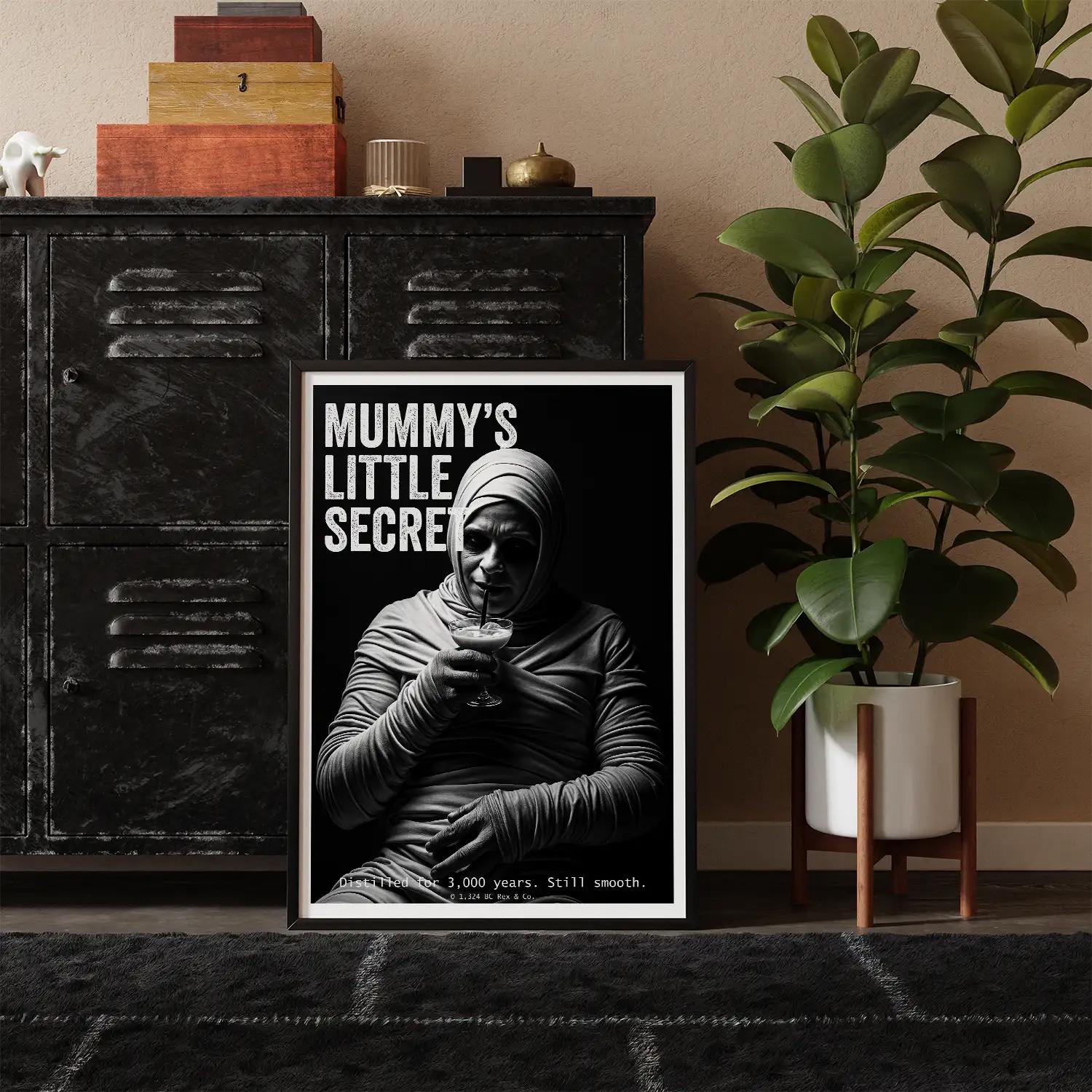 Framed poster with mummy design and text in a room setting with a plant and cabinet.