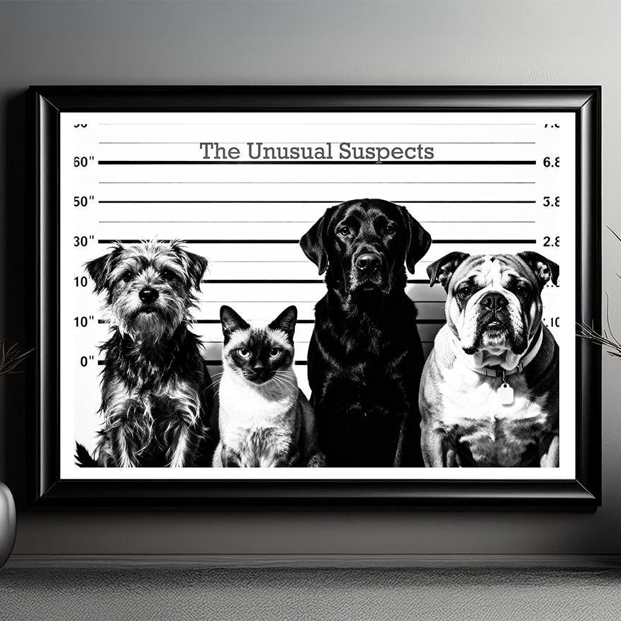 Unusual Suspects Dog & Cat Lineup Art | Funny Black and White Poster