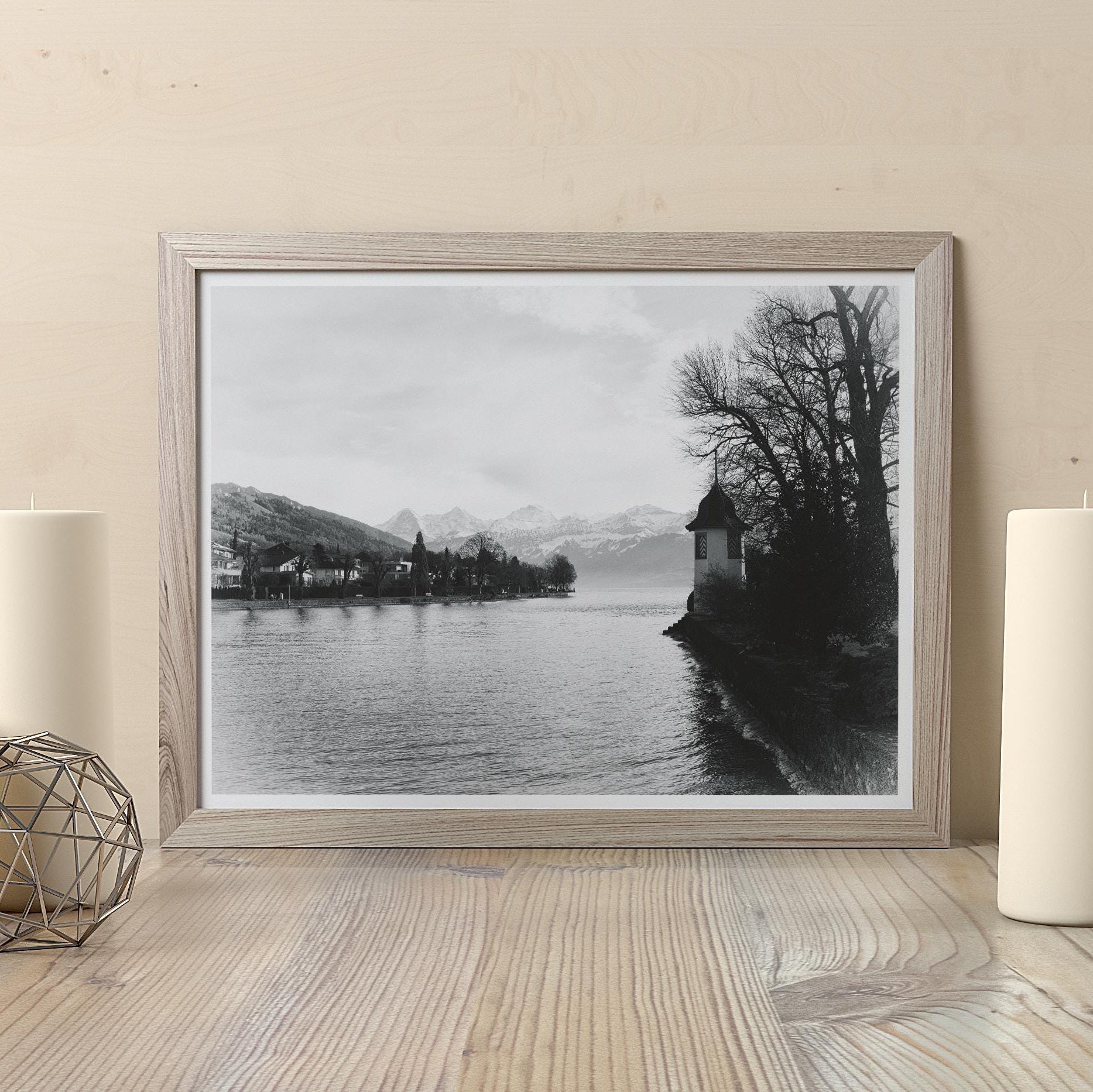 Mountain Photography | Lake Thun View of Eiger, Mönch and Jungfrau | Black & White Alpine Art Print