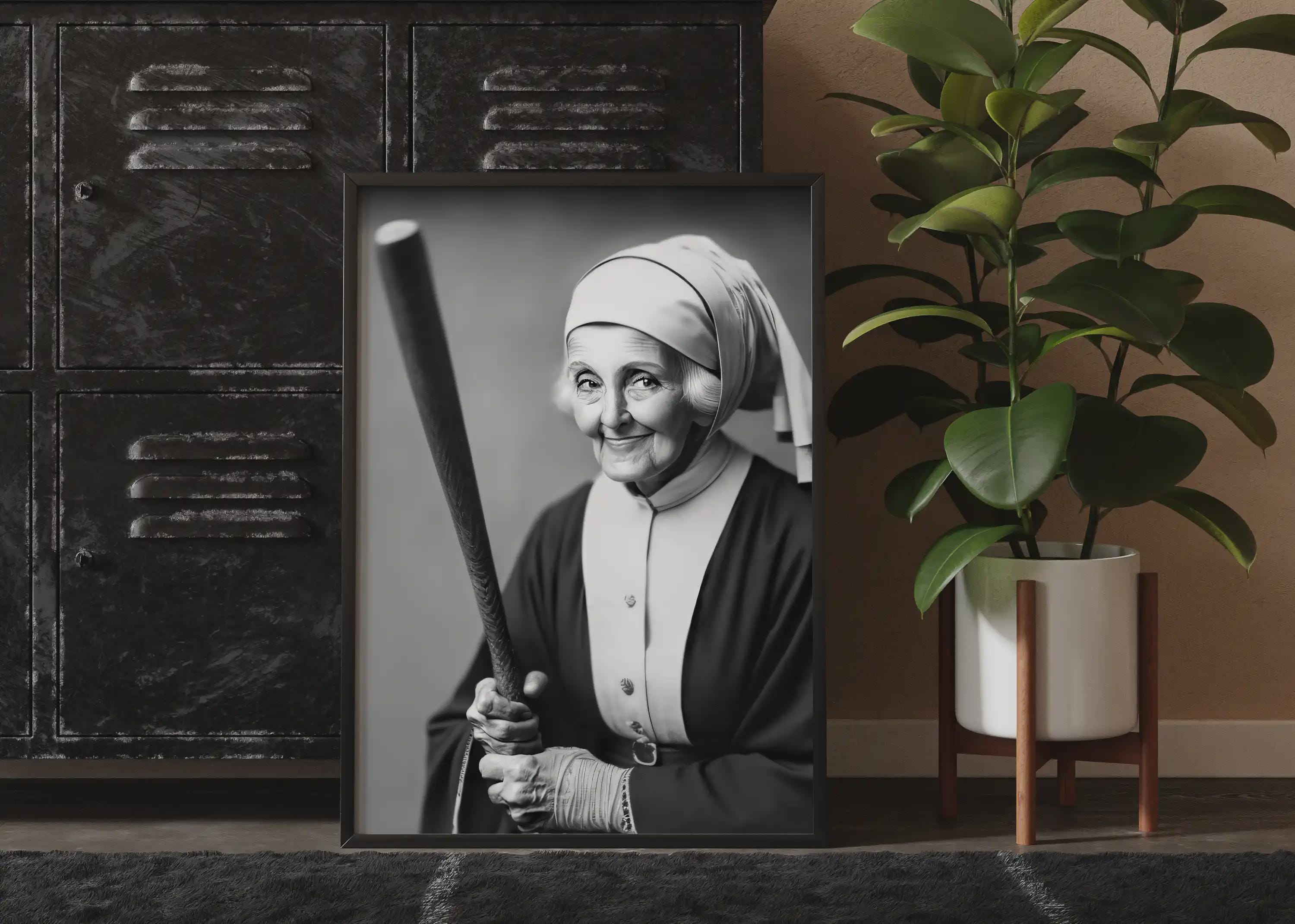 Framed black and white portrait of a nun holding a baseball bat in a room with a plant and locker.