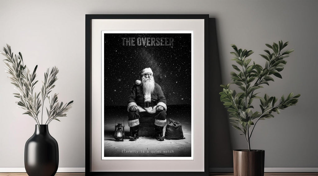 Framed poster of Santa titled 'The Overseer' on a wall with decorative plants.
