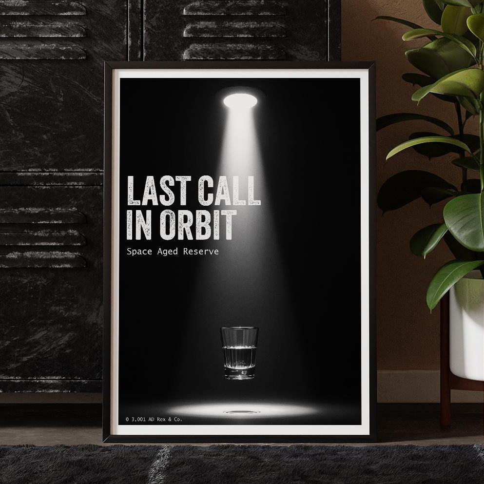 Framed poster with 'Last Call in Orbit' text and a glass under a spotlight, placed on a dark surface.