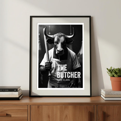 Framed poster of a butcher cow with baseball bat on a wooden shelf.