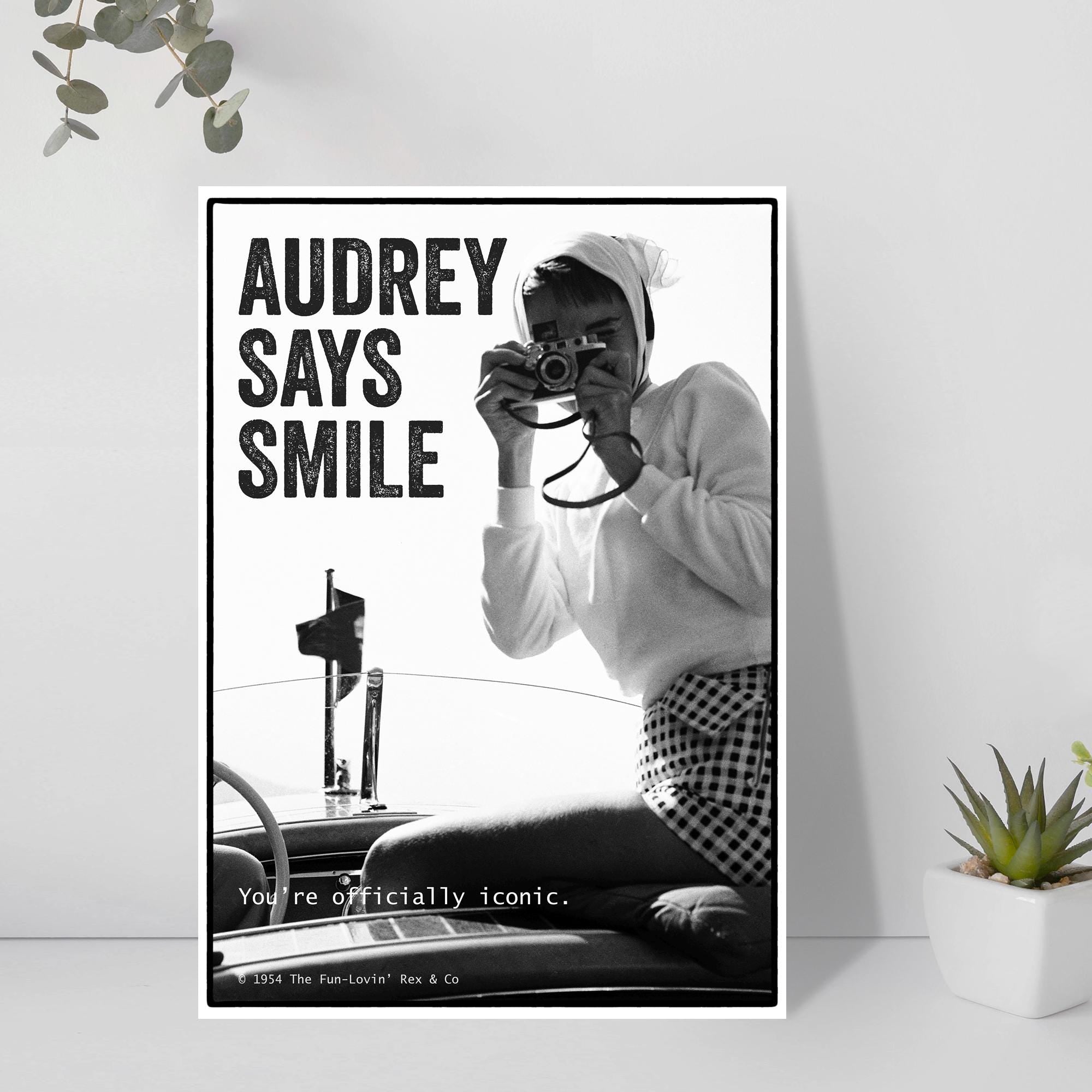 Poster with Audrey Hepburn taking a photo, text 'AUDREY SAYS SMILE' and 'You're officially iconic.' on a white wall.