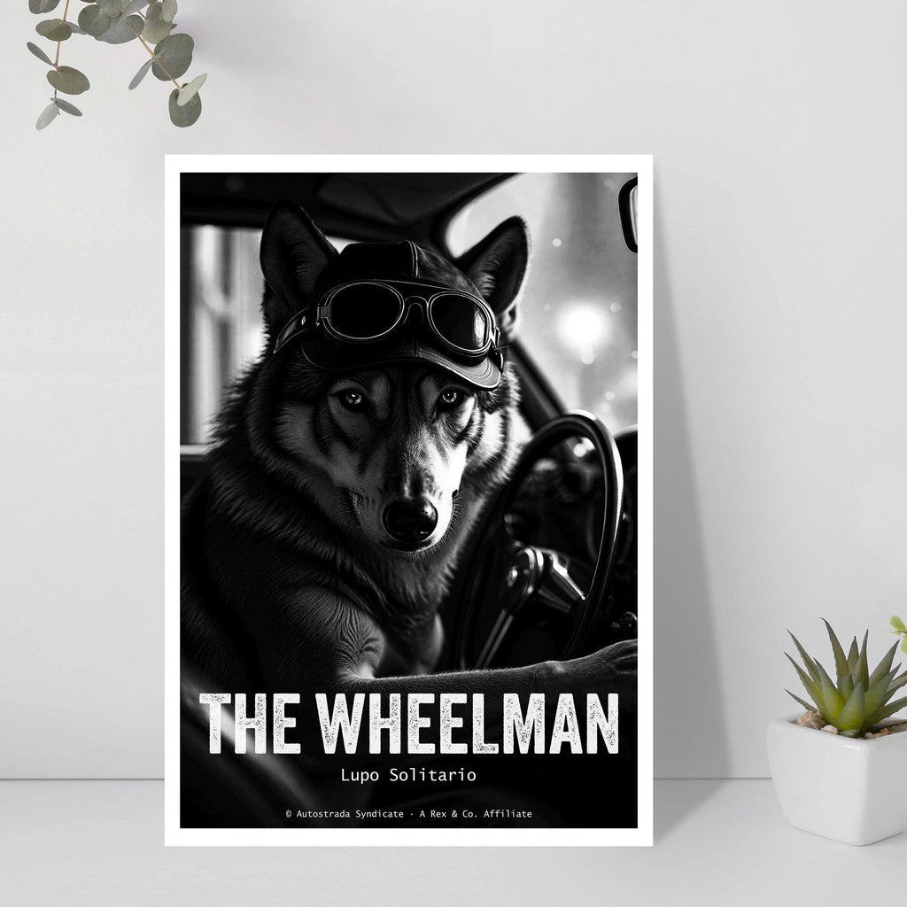 Poster of a wolf in a car with goggles, titled 'The Wheelman', on a white wall.