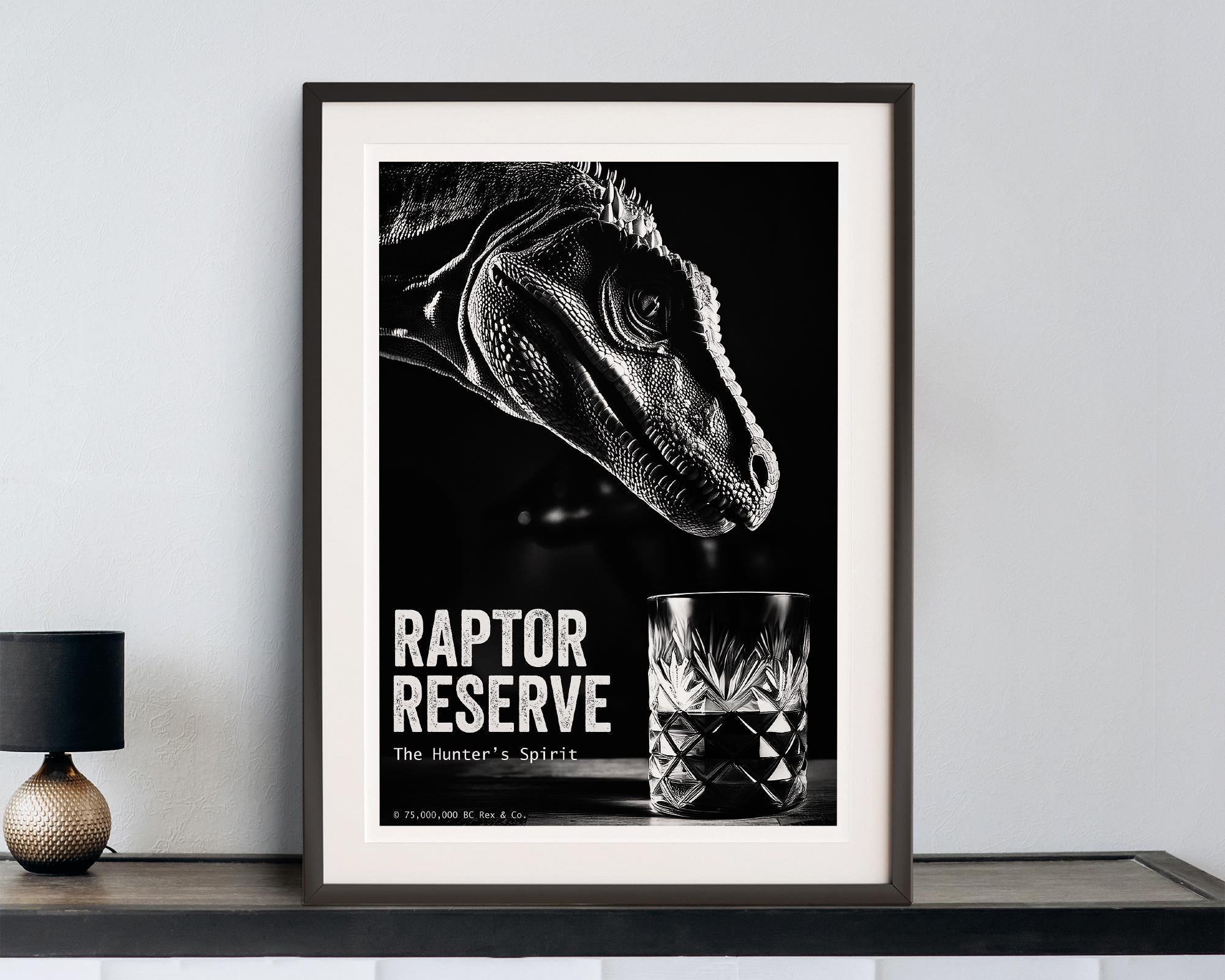 Framed poster of a dinosaur head with 'Raptor Reserve' text on a wall.
