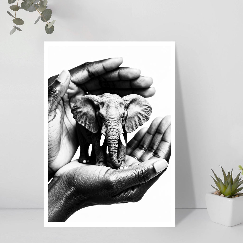 Poster of hands holding a tiny elephant with a minimal background