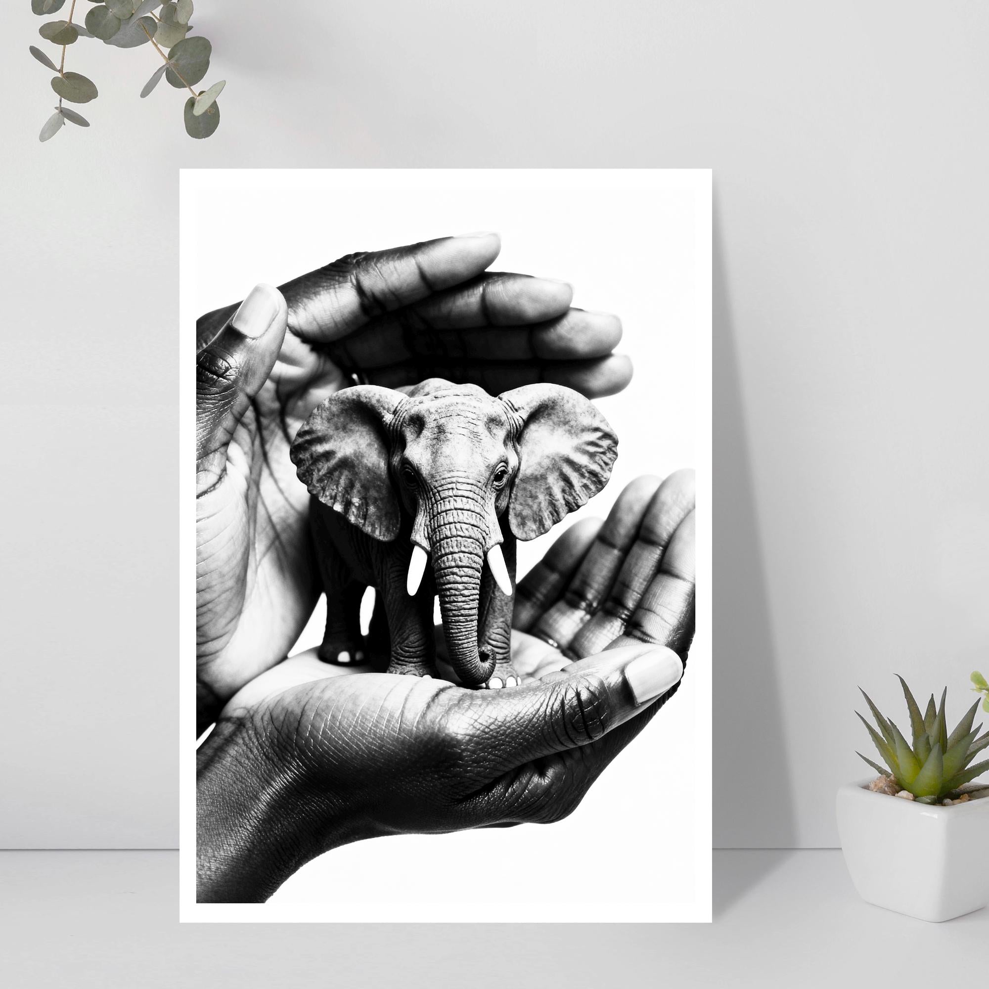 Hands Holding Elephant Art | Symbolic Gentle Power Print | Minimalist Meaningful Decor | Gift of Care