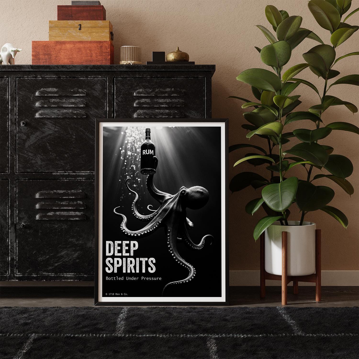 Poster of an octopus with a bottle of rum and 'Deep Spirits' text, placed on a shelf with decorative items.