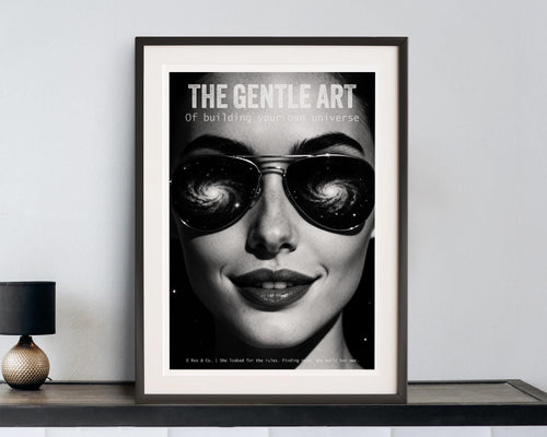 Framed poster with a black and white portrait of a woman wearing sunglasses on a shelf.