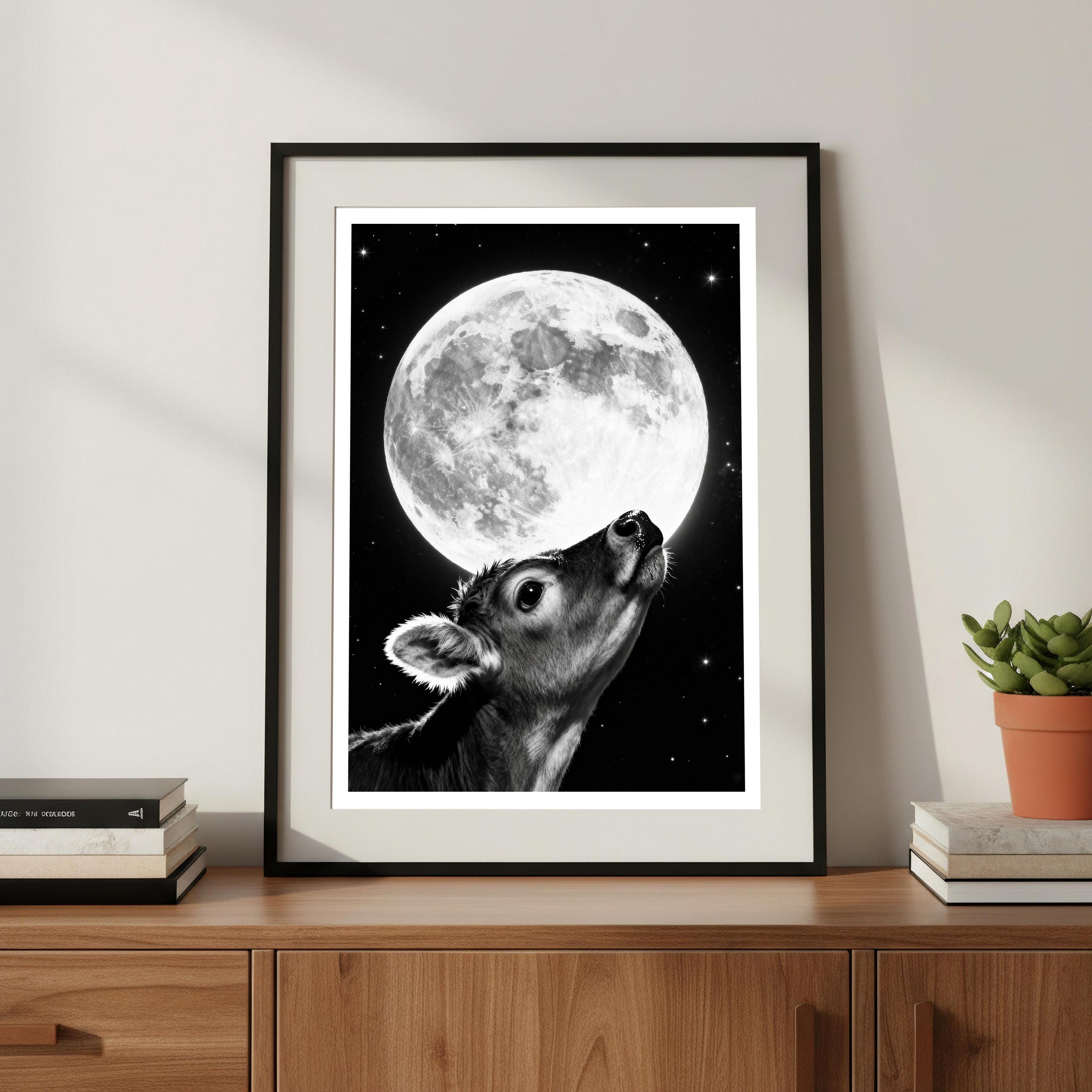 Nursery Wall Art | Baby Calf and Moon Print | Calming Animal Poster | Whimsical Farm Decor