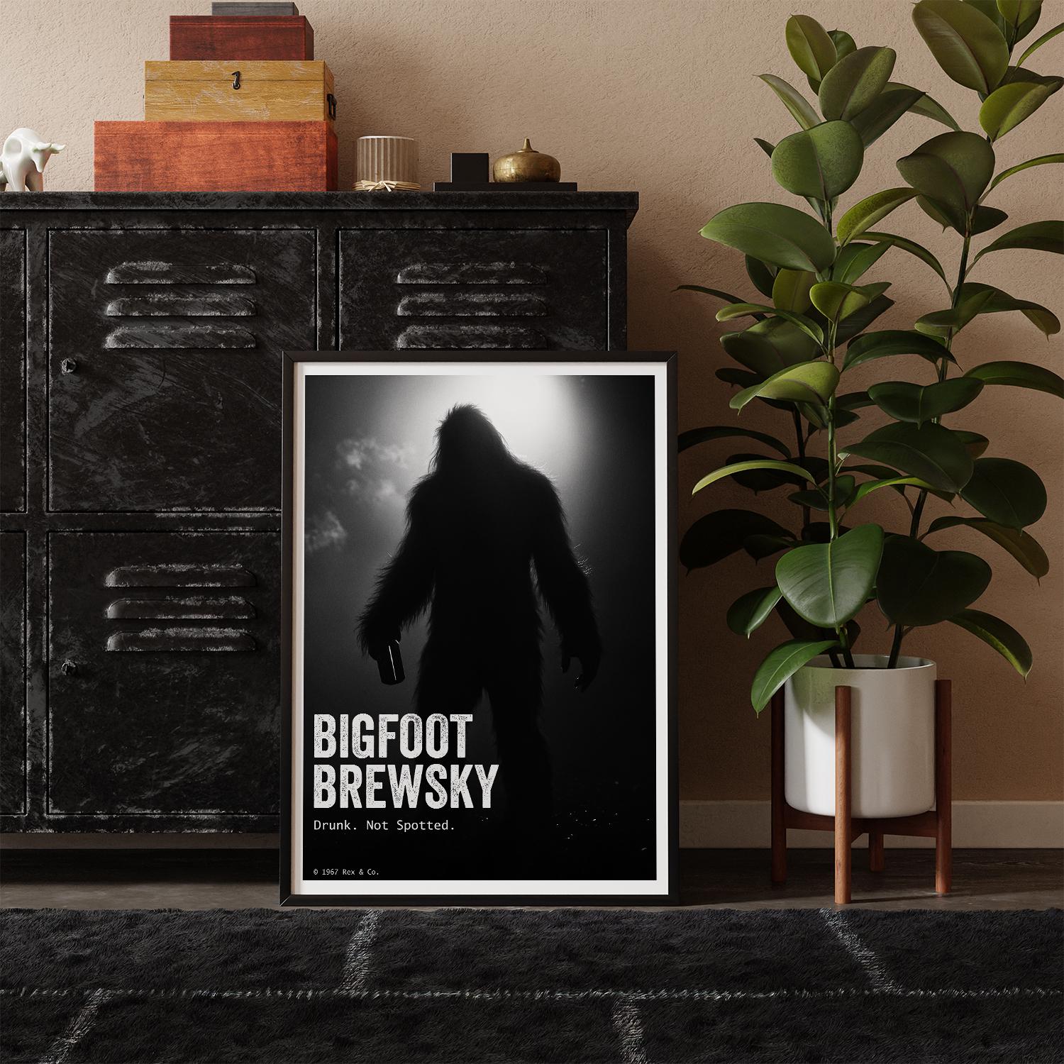 Framed poster of a bigfoot silhouette labeled 'Bigfoot Brewsky' on a shelf with decorative items and a plant.