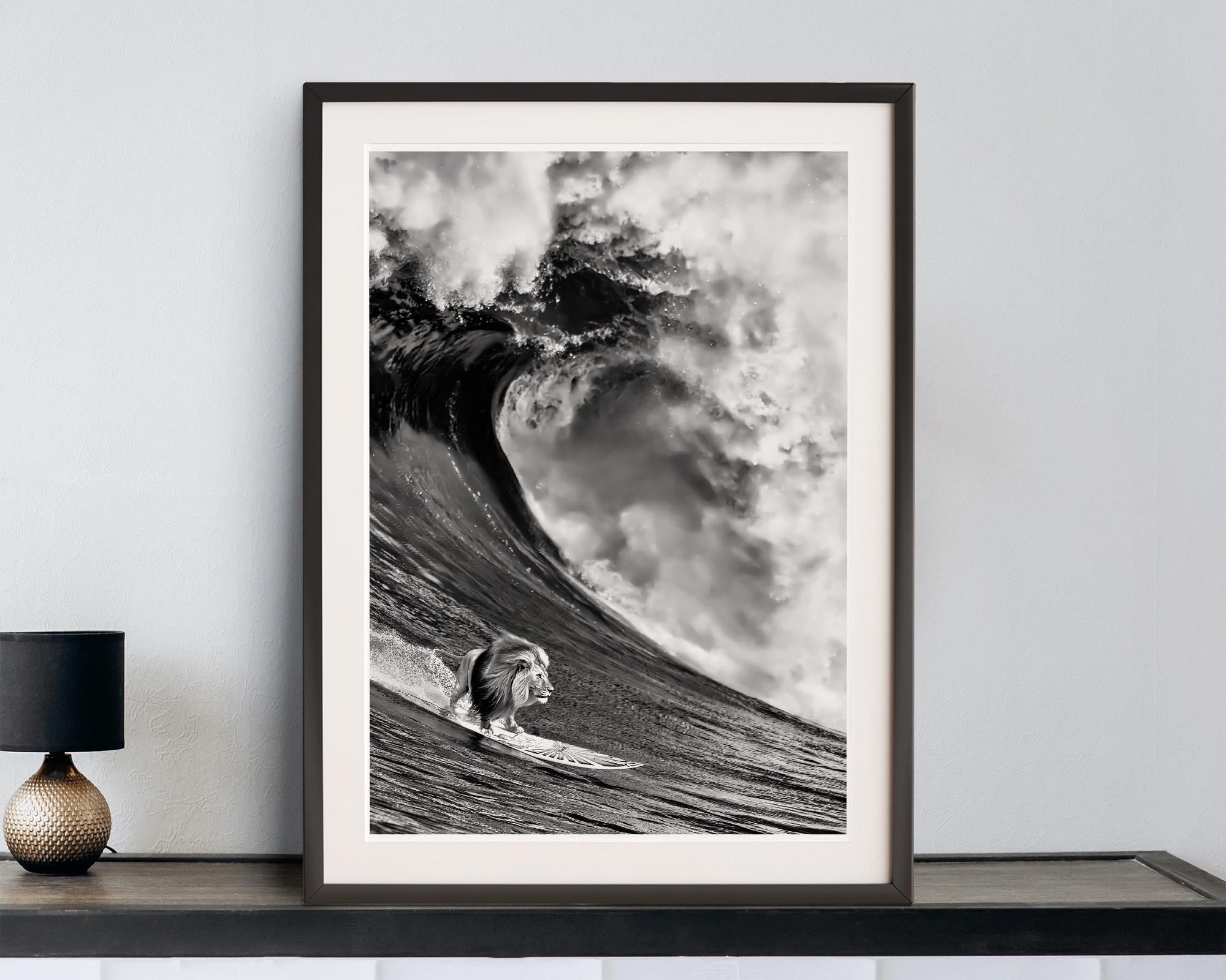 Framed black and white photograph of a lion surfer on a wave in a minimalistic room.