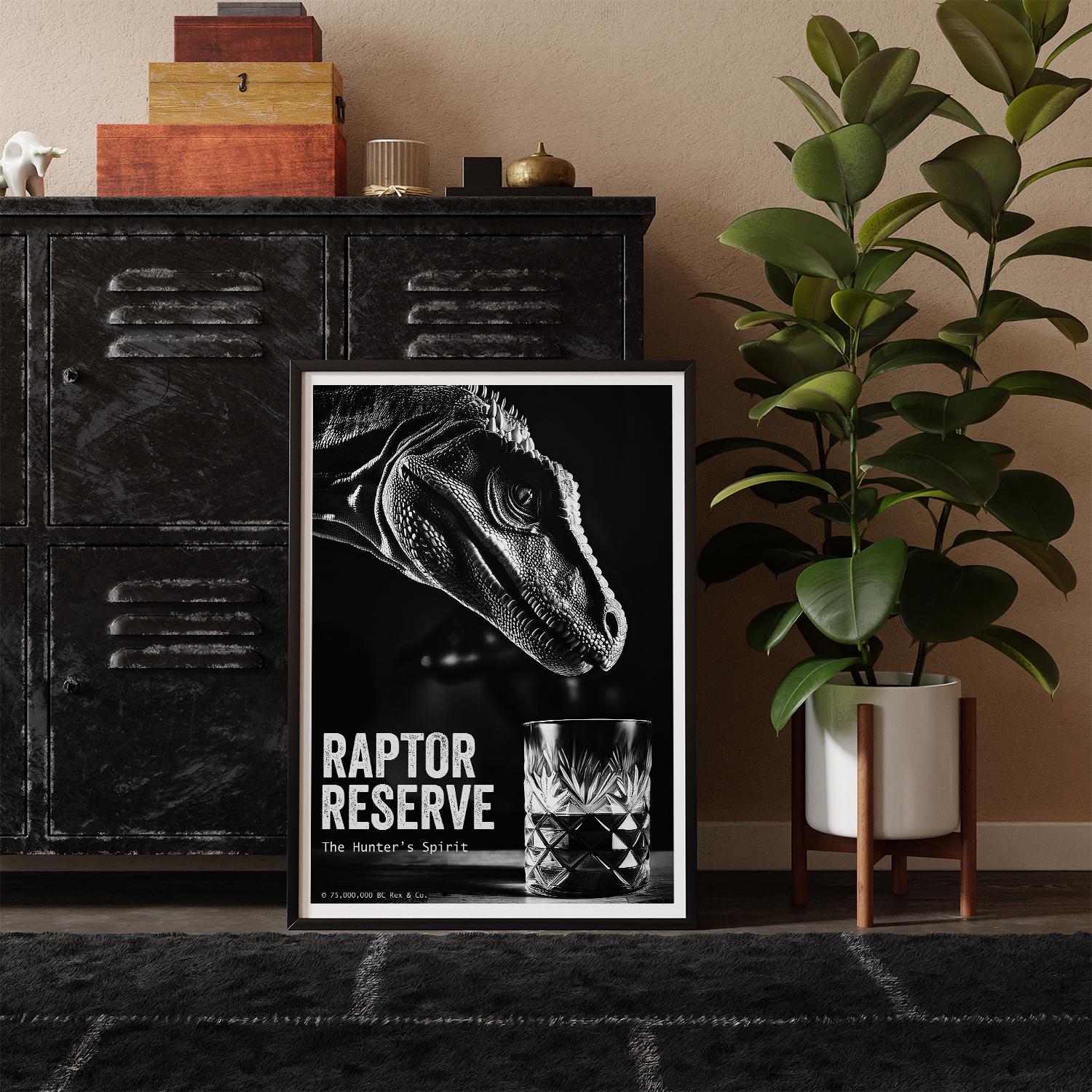 Framed poster of a raptor with 'Raptor Reserve' text in a room with a plant and cabinet.