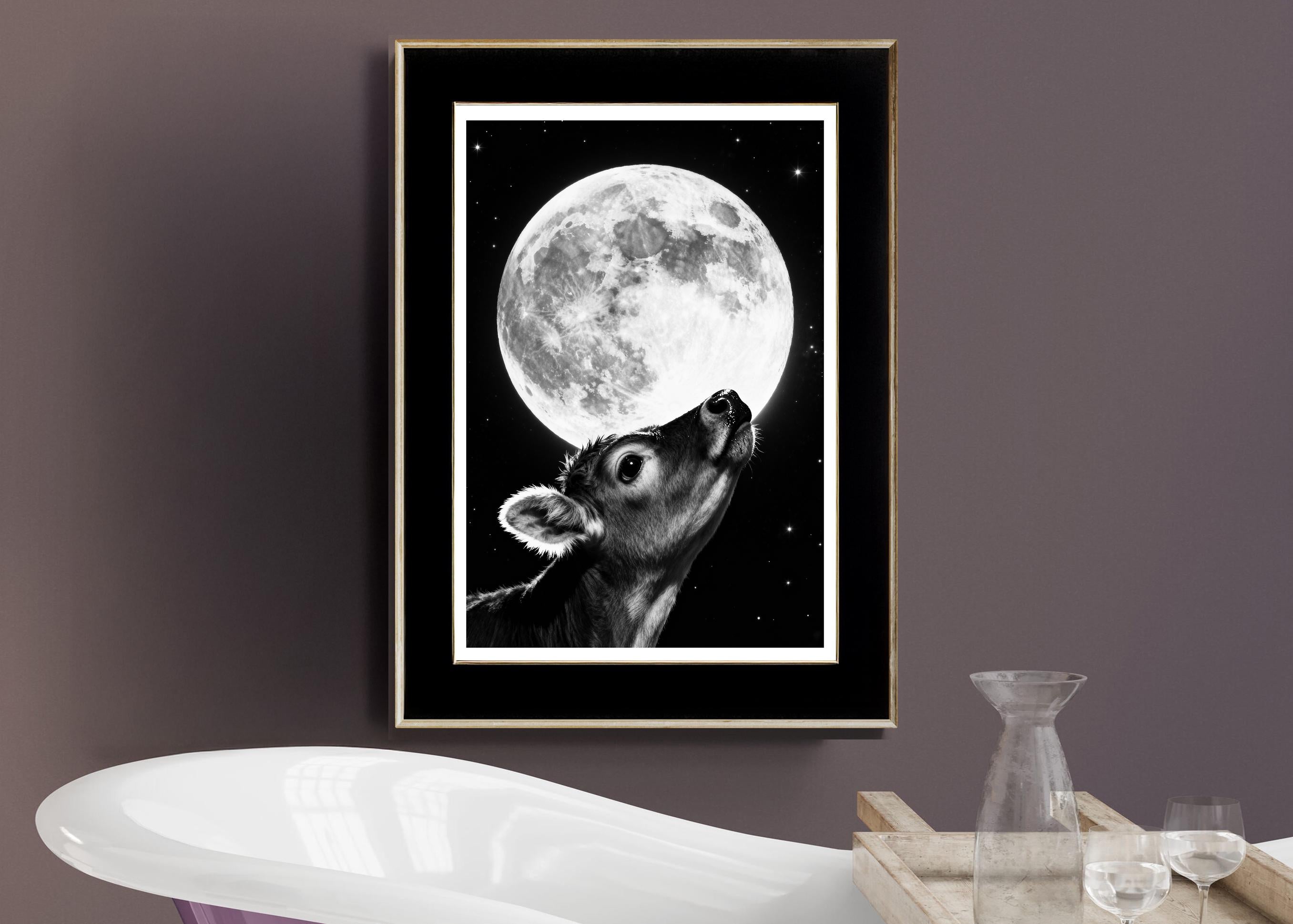 Nursery Wall Art | Baby Calf and Moon Print | Calming Animal Poster | Whimsical Farm Decor