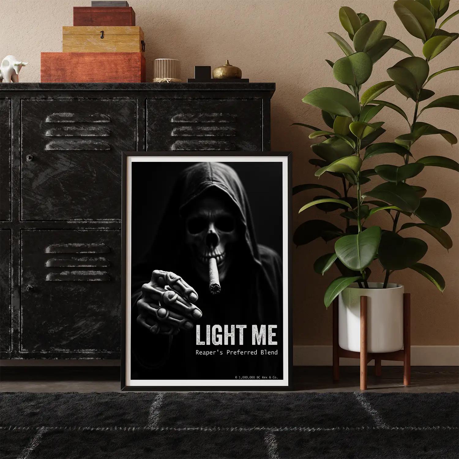 Poster of the grim reaper with 'Light Me' text in a room with a plant and storage unit.