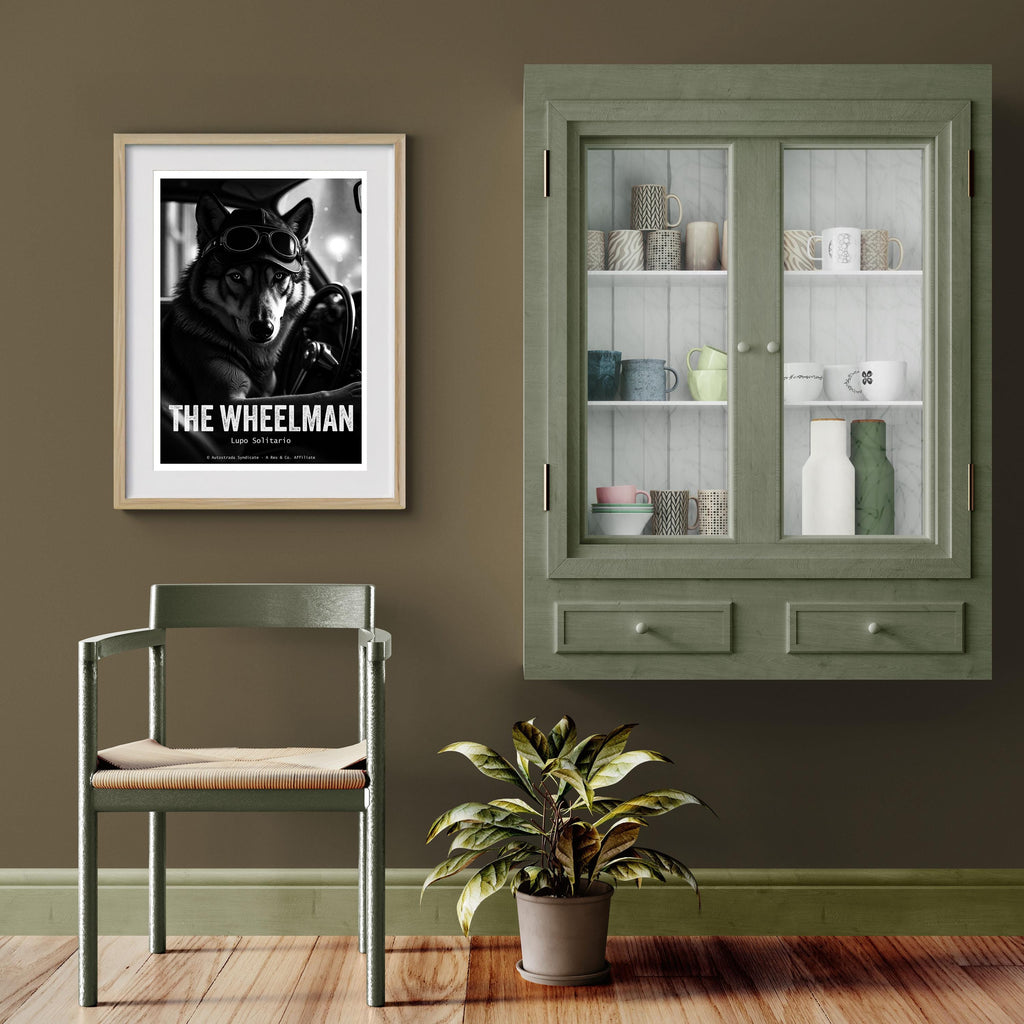 Room interior with a framed poster, chair, plant, and cabinet.