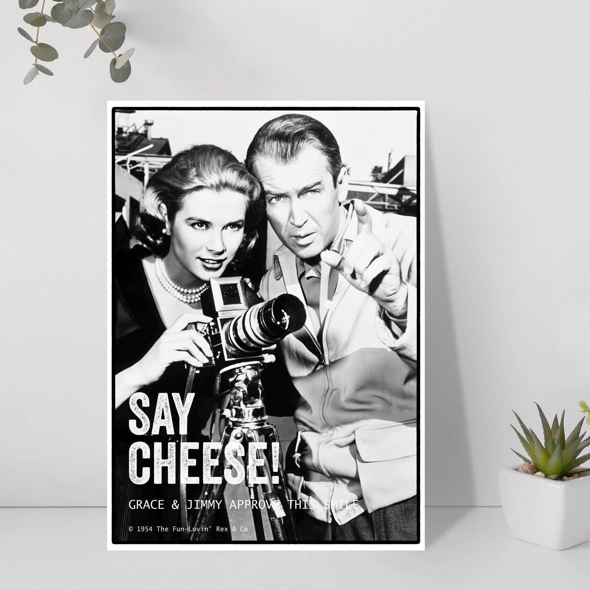 Vintage-style poster of Grace Kelly and James Stewart with a camera, featuring text 'Say Cheese! Grace & Jimmy Approving the View.' on a white background.