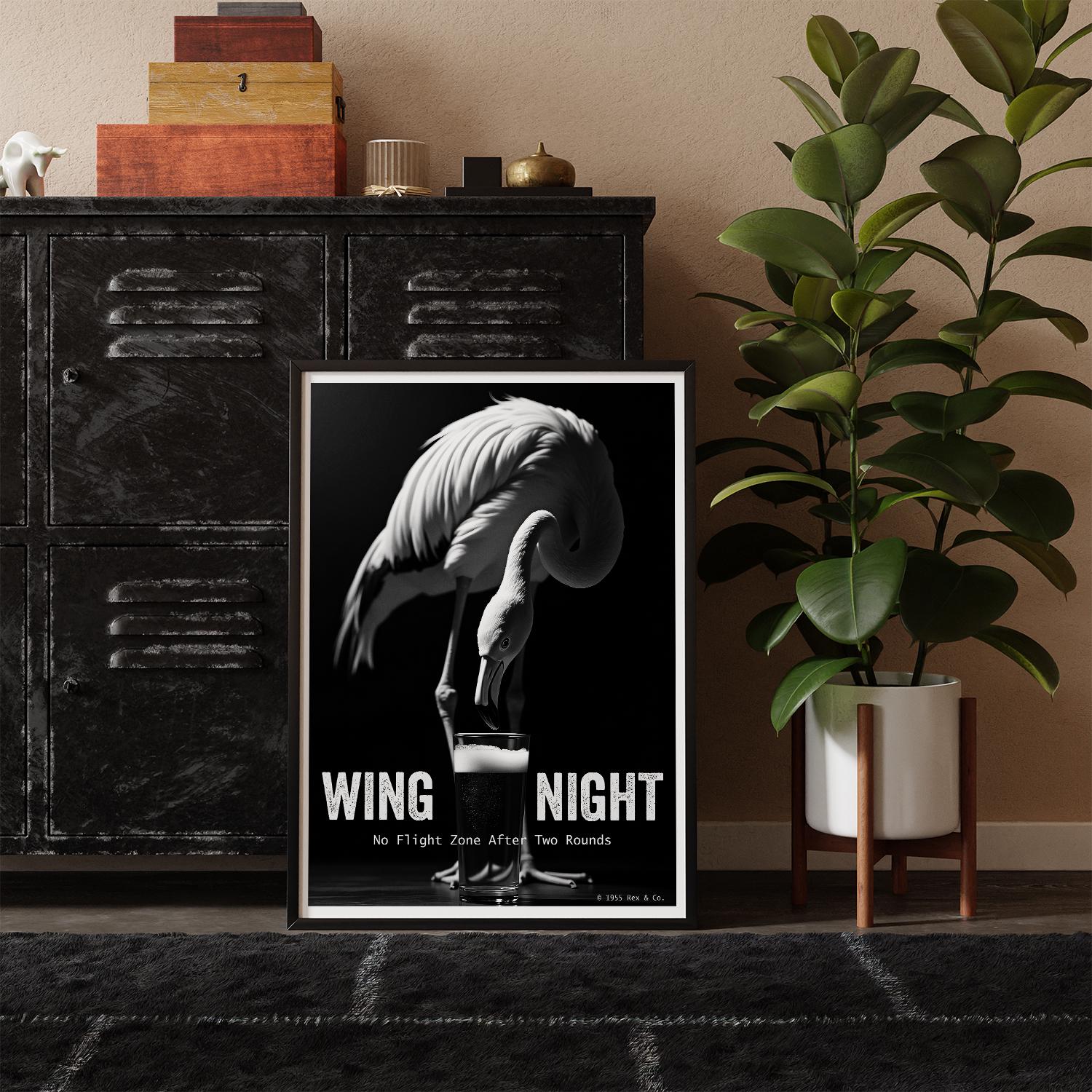 Framed poster with a black and white illustration of a bird and text, placed on a shelf with a plant and decorative boxes in the background.