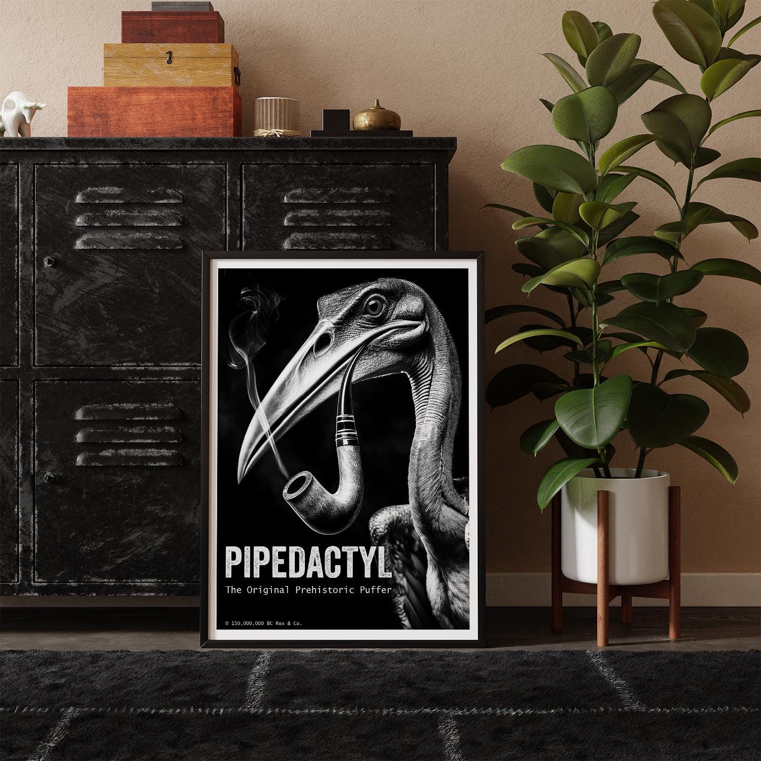 Framed poster of a prehistoric creature smoking a pipe on a shelf with decorative items and a plant.