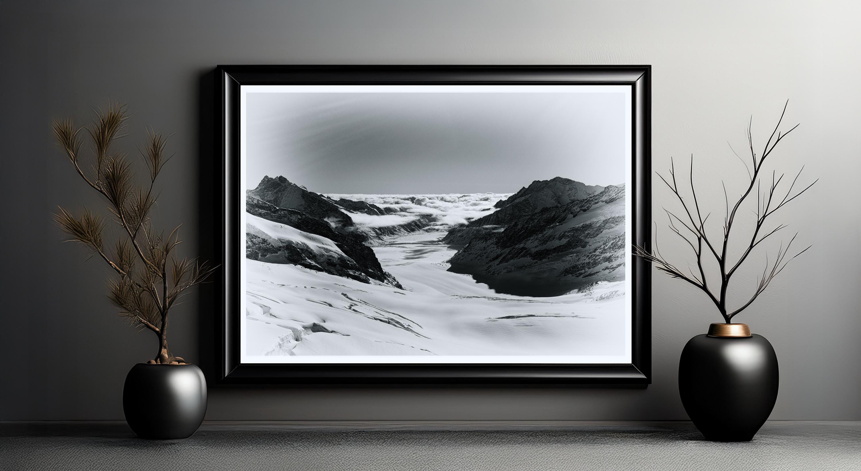 Black & White Mountain Photography | Glacier Wall Art | Jungfraujoch Cloudscape
