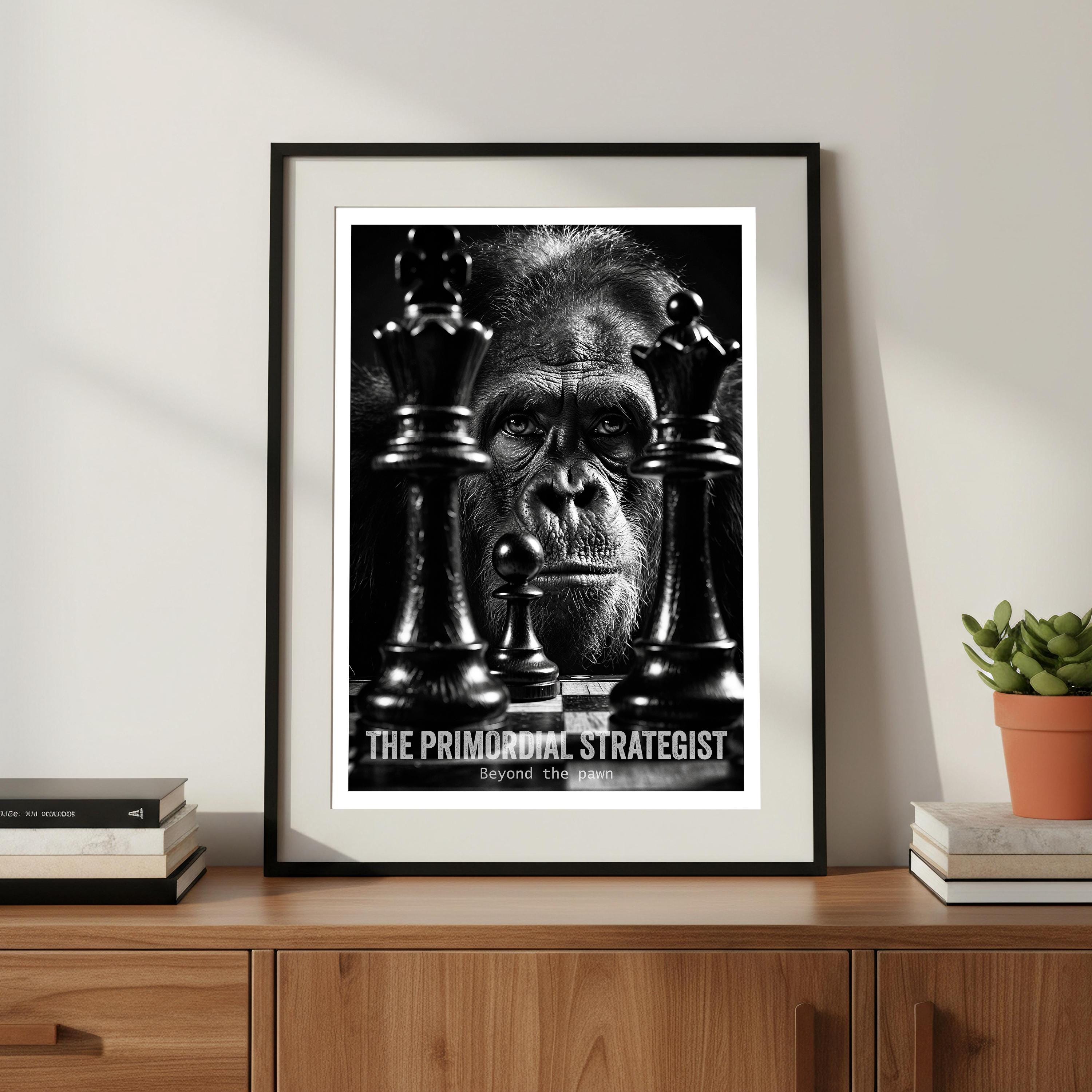 Primal Strategist Art Print | Primate Chess Poster | Intense Focus Wall Art | Home Office Decor