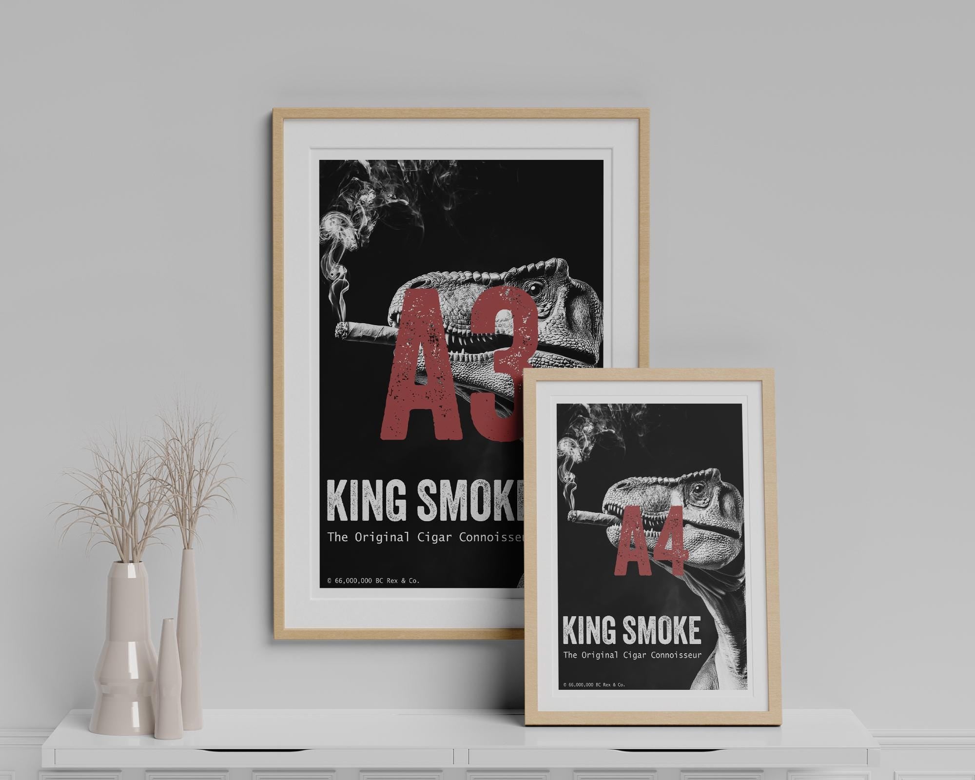 T. Rex Smoking a Cigar Art Print | Black & White Dinosaur Poster | Funny Smoker Gift