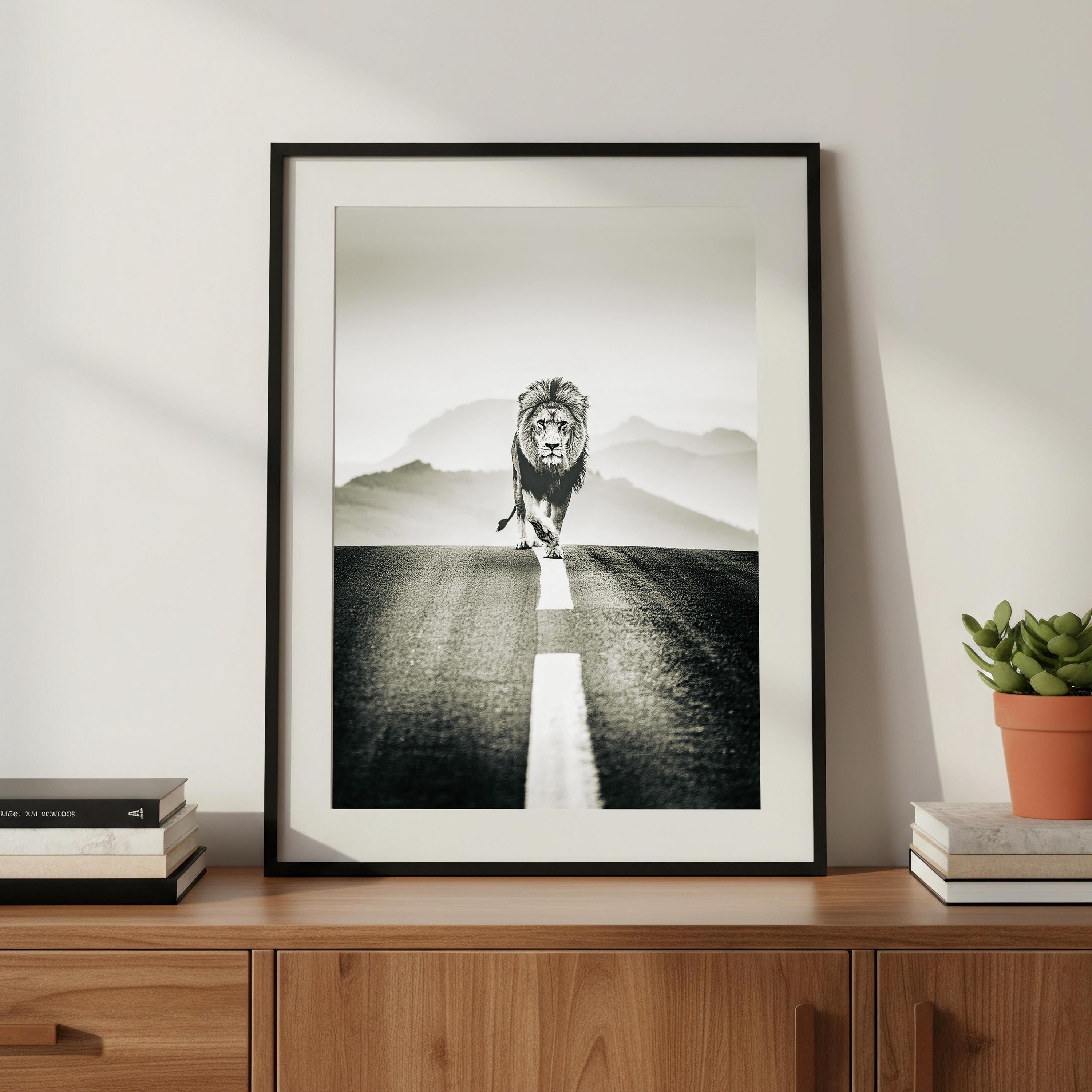 Lion on Open Road Art Print | Noir Style Animal Poster