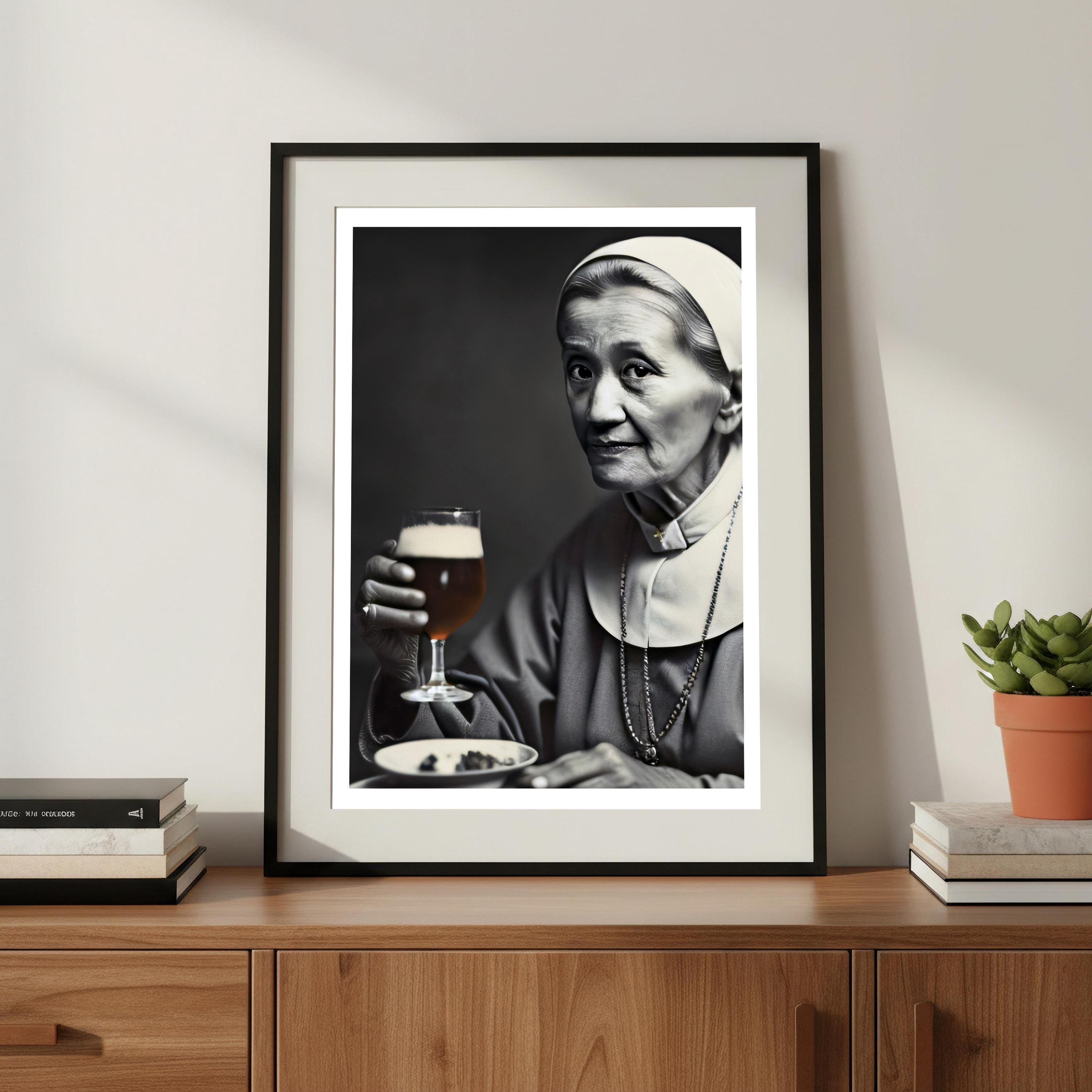 Funny Nun Poster | Drinking Beer Art | Quirky Bar Wall Decor