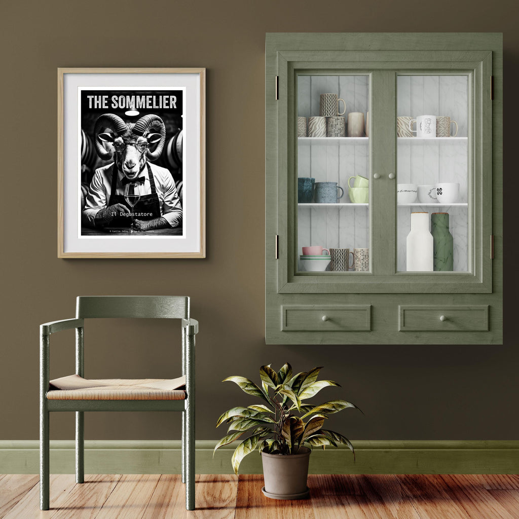 Room interior with a framed poster, chair, plant, and cabinet.