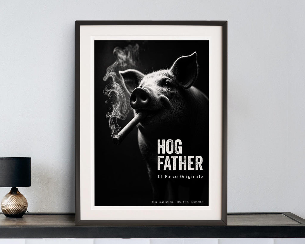 Framed poster of a pig smoking a cigar with 'Hog Father' text on a white wall.