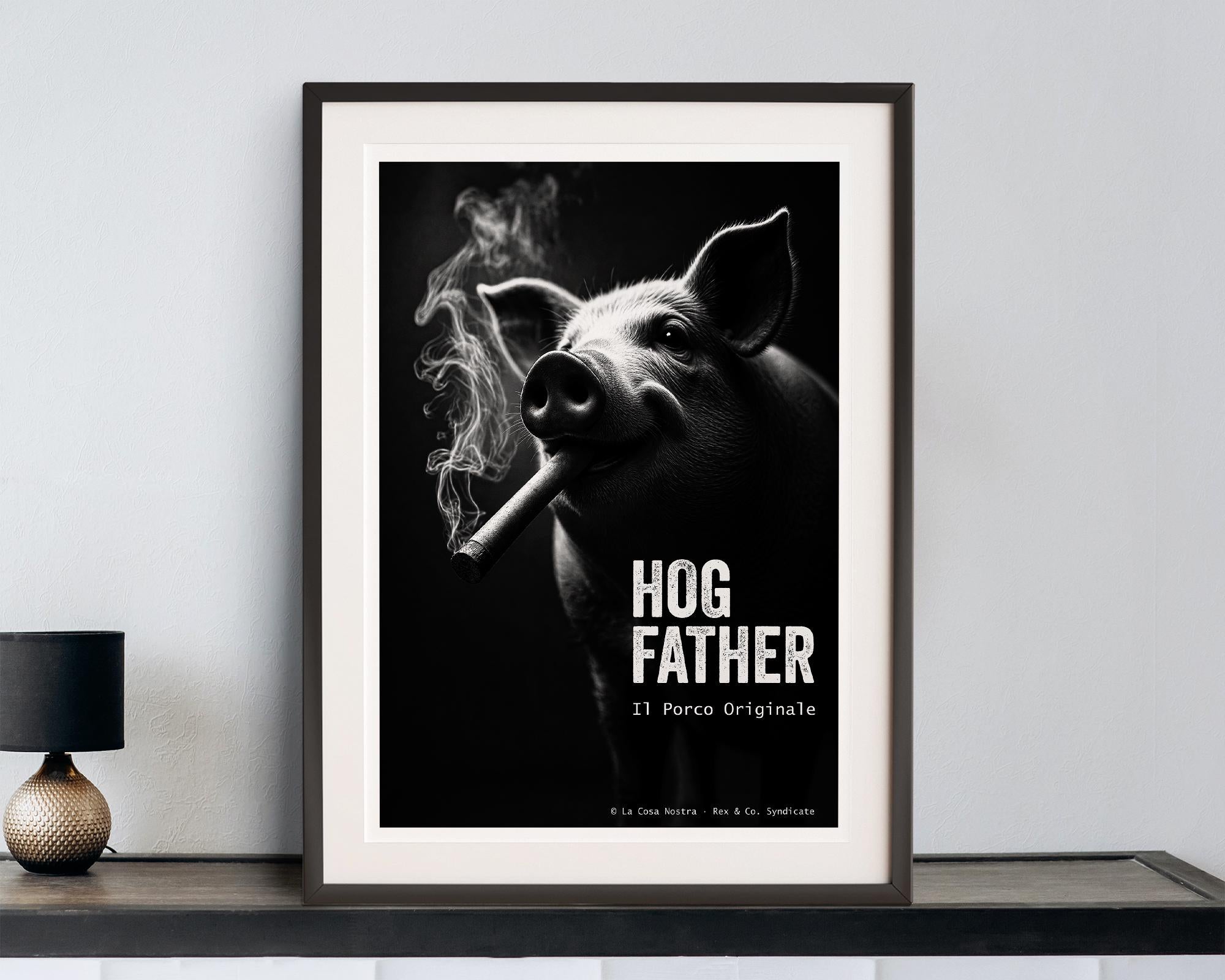 Framed poster of a pig smoking a cigar with 'Hog Father' text on a white wall.