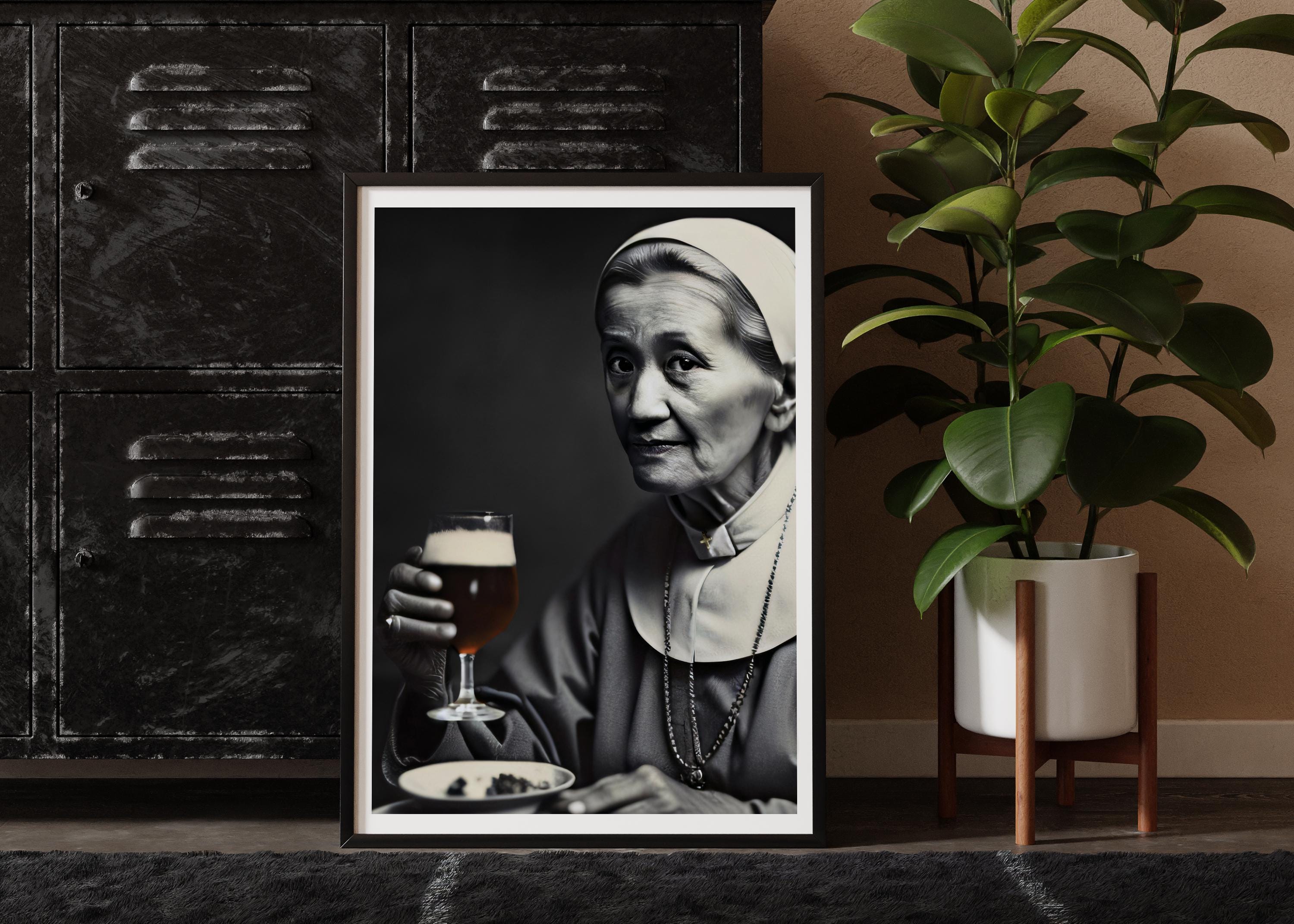 Funny Nun Poster | Drinking Beer Art | Quirky Bar Wall Decor