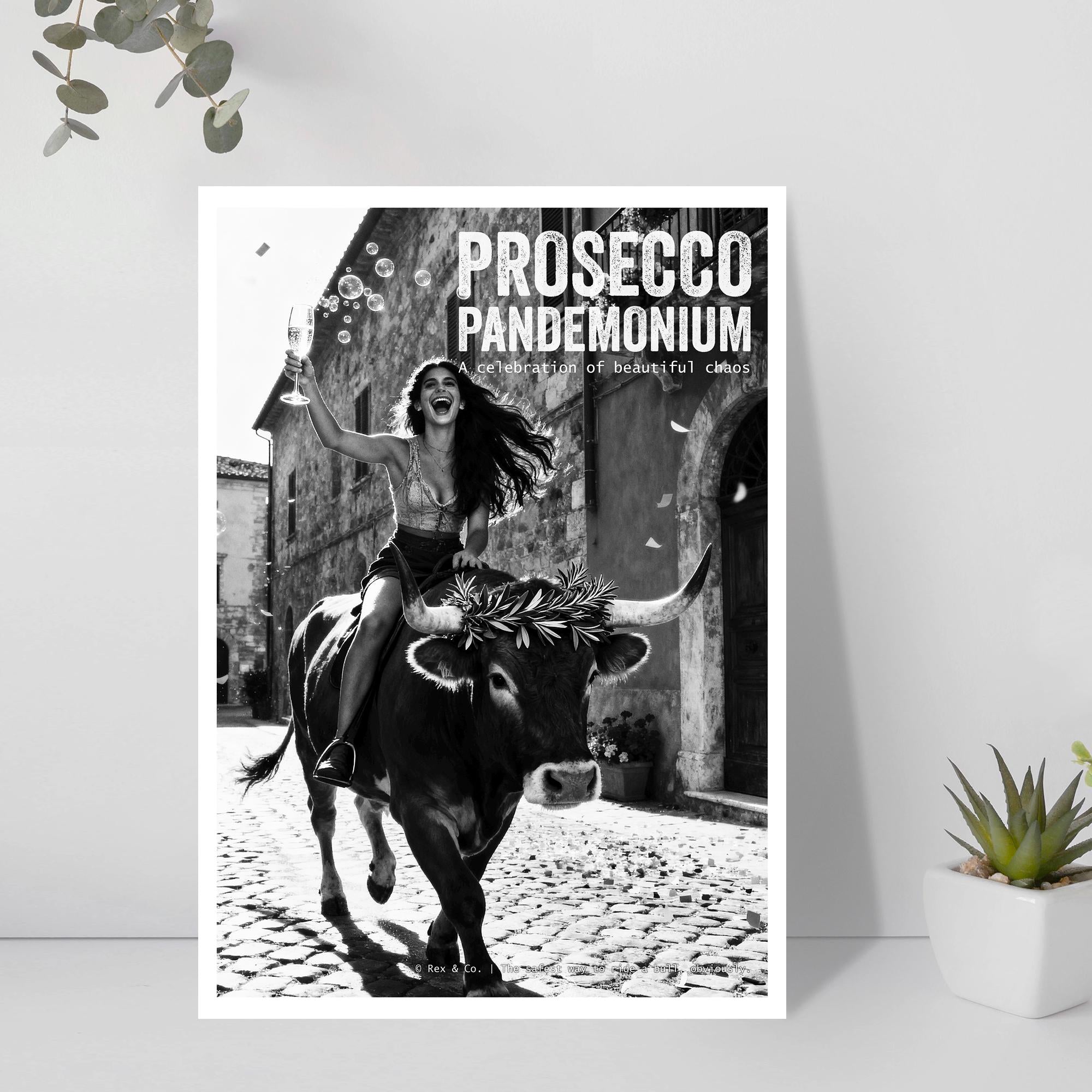 Poster of a woman riding a bull with 'Prosecco Pandemonium' text on a white wall.