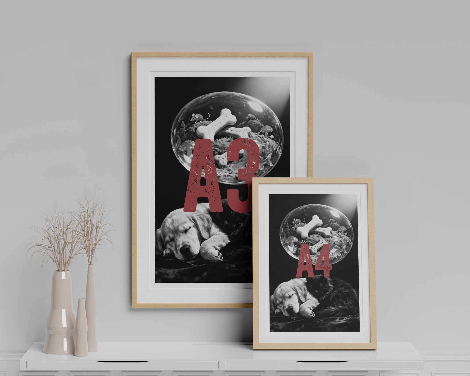 Sleeping Cat and Dog Art Print | Black and White Pet Lover Gift