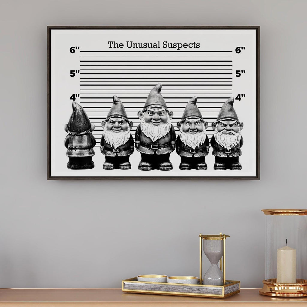 Framed artwork of gnomes in a police lineup on a wall above a shelf with decorative items.