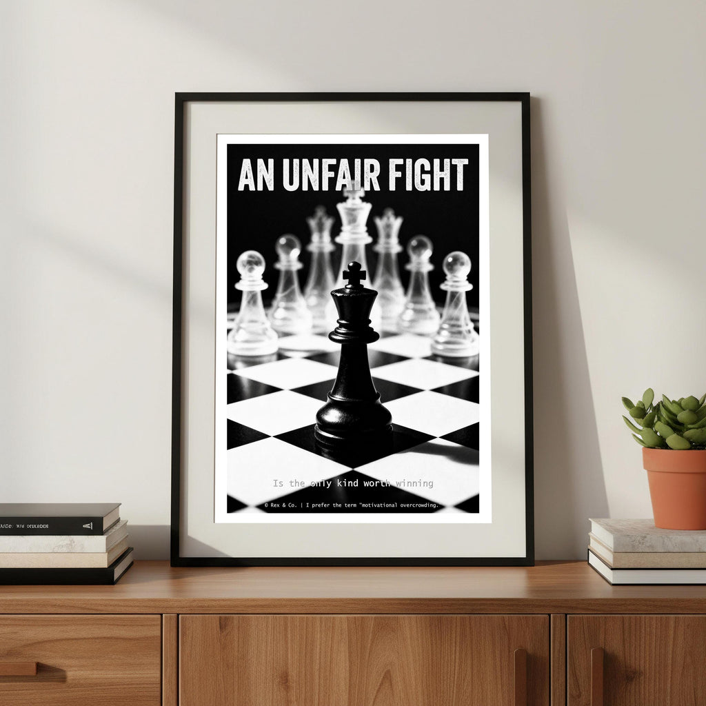 Framed poster titled 'An Unfair Fight' with chess pieces on a checkered background, displayed on a wooden surface.