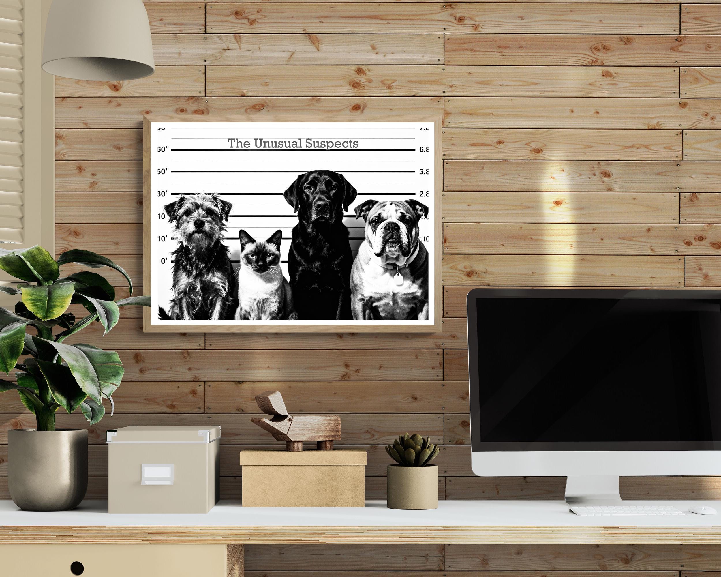 Unusual Suspects Dog & Cat Lineup Art | Funny Black and White Poster