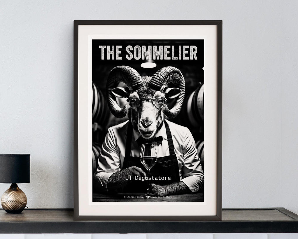 Framed poster of a ram dressed as a sommelier with 'The Sommelier' text on a wall.