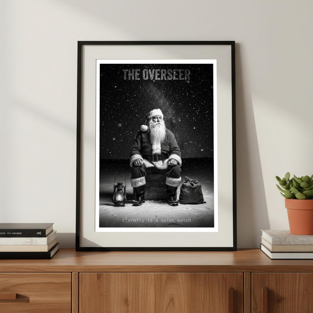 Framed poster of Santa titled 'The Overseer' on a wooden shelf with books and a plant.
