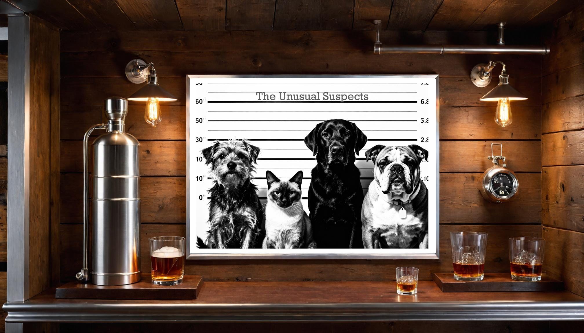 Unusual Suspects Dog & Cat Lineup Art | Funny Black and White Poster