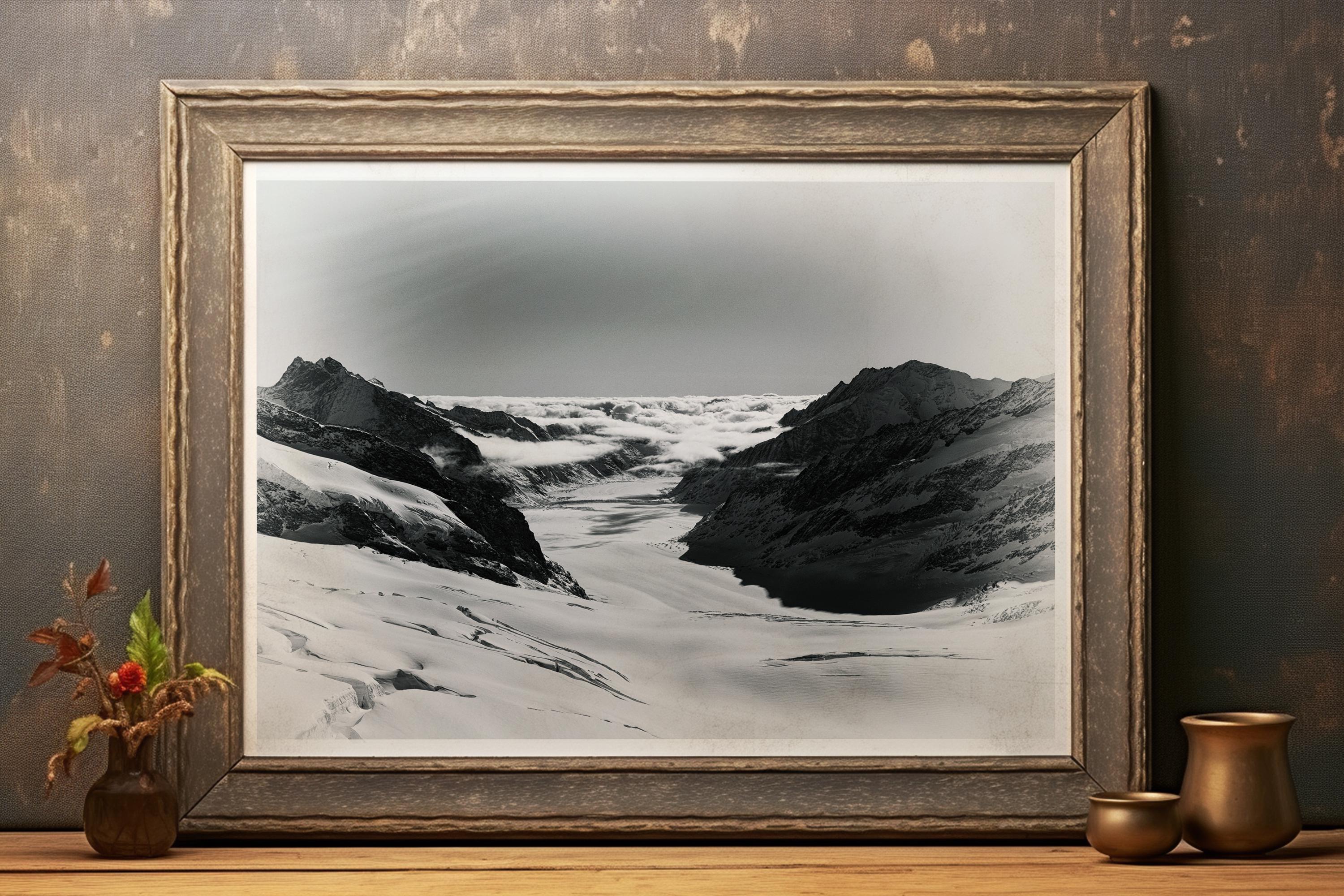 Black & White Mountain Photography | Glacier Wall Art | Jungfraujoch Cloudscape