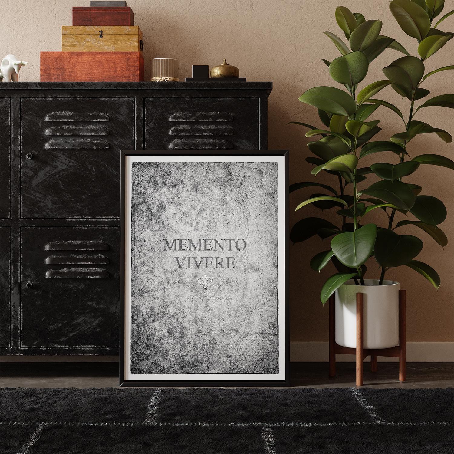 Framed poster with 'Memento Vivere' text on a shelf with decorative items and a plant.