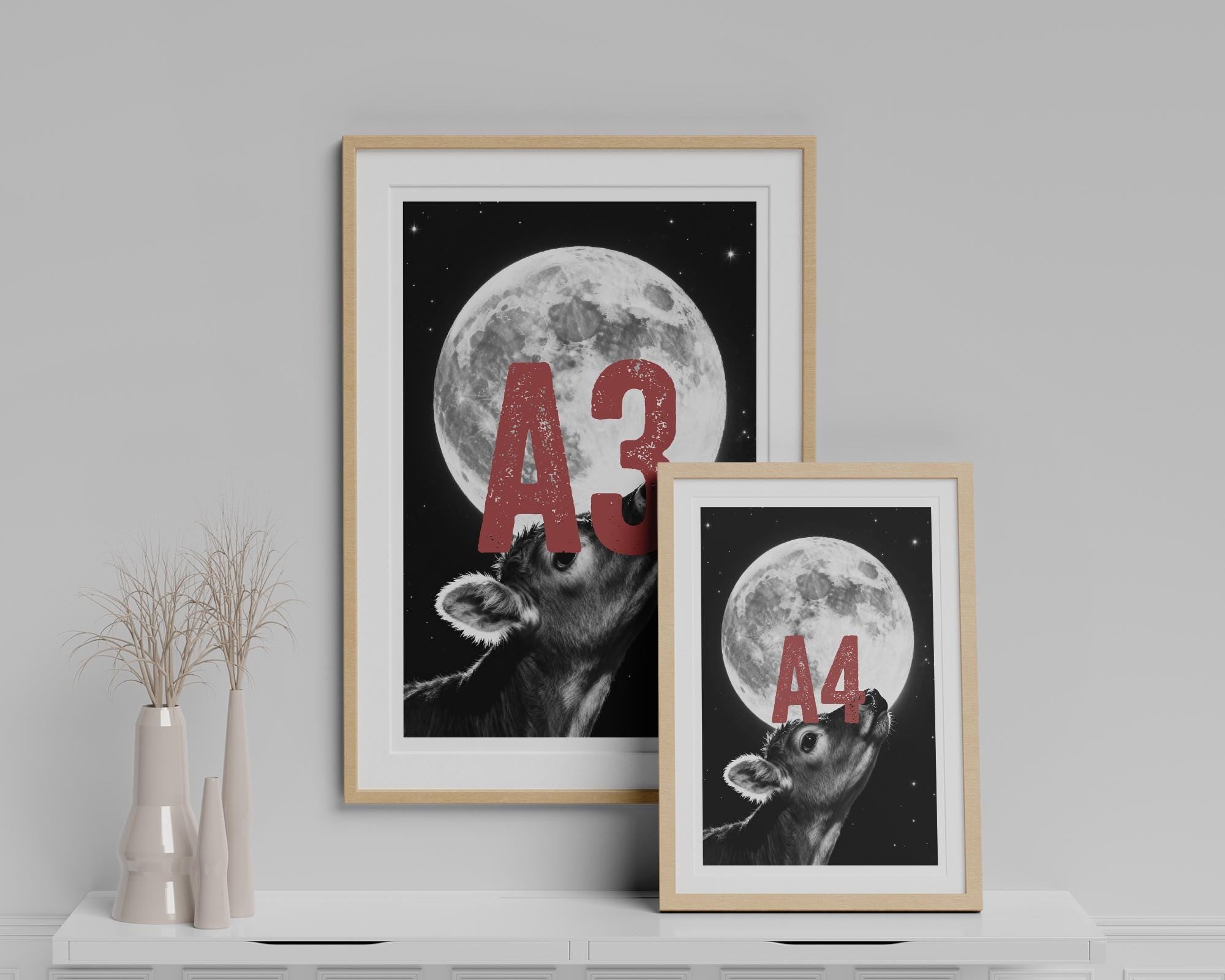 Nursery Wall Art | Baby Calf and Moon Print | Calming Animal Poster | Whimsical Farm Decor
