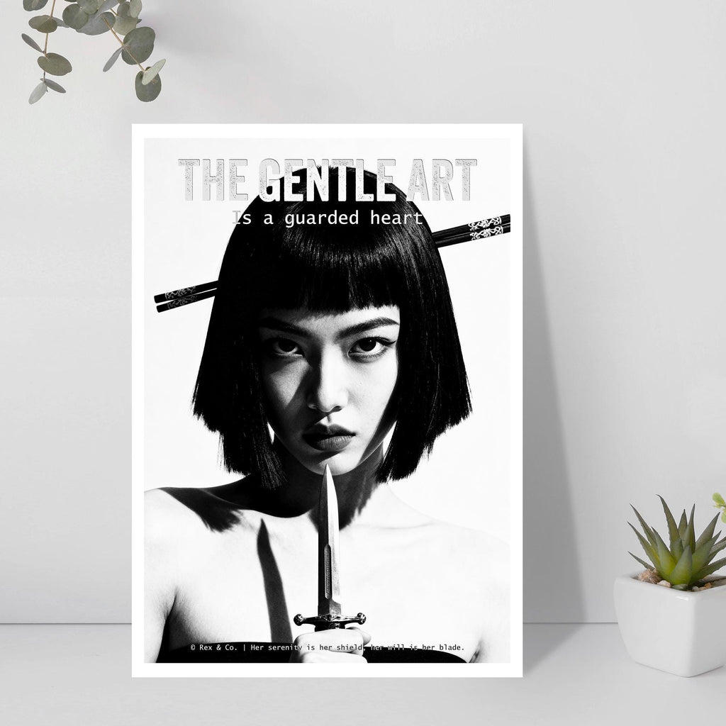 Poster with a black and white image of a woman with a dagger and text on a light gray background.