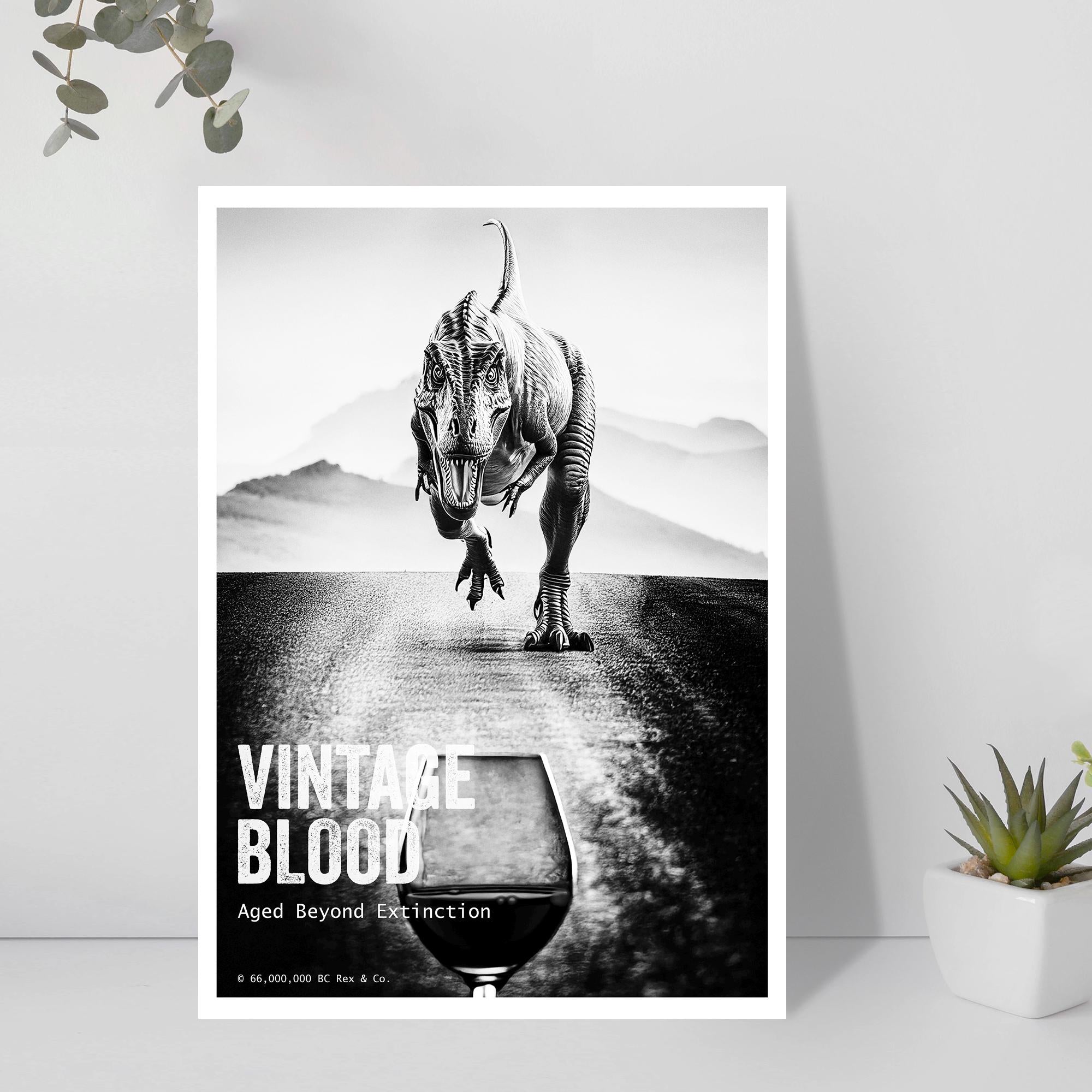 T. Rex Wine Tasting Poster | Vintage Blood Dino Art | Prehistoric Luxury Print | Noir Bar Decor